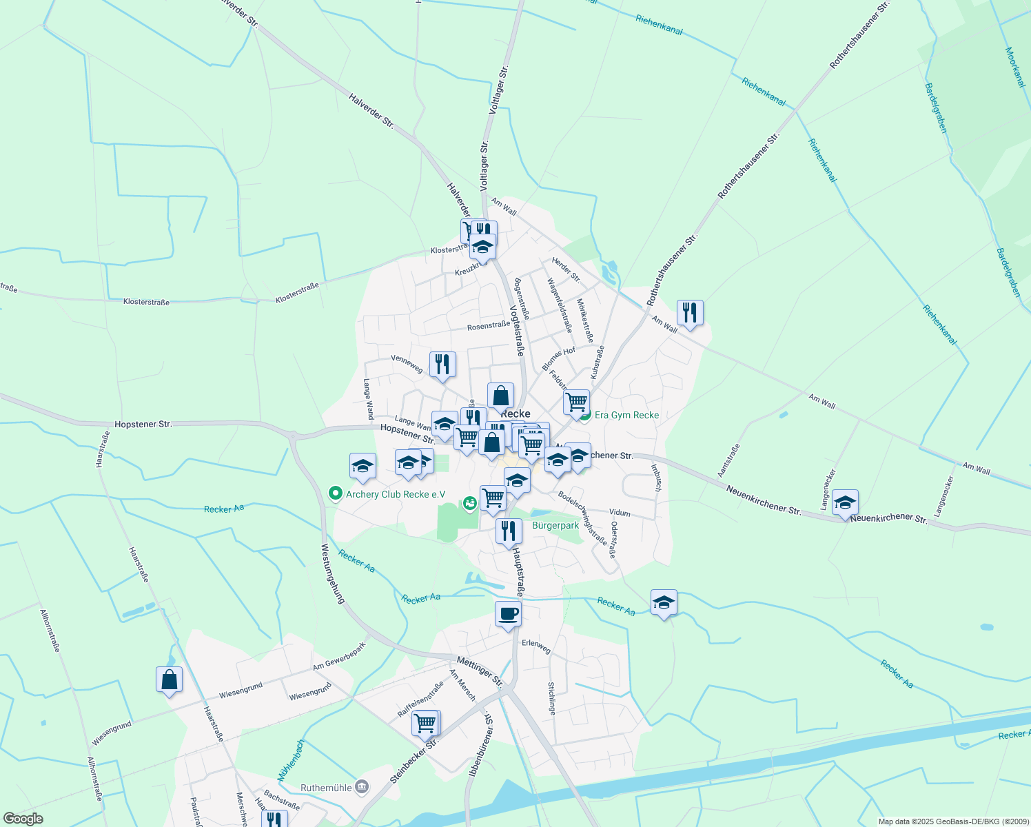 map of restaurants, bars, coffee shops, grocery stores, and more near in Recke