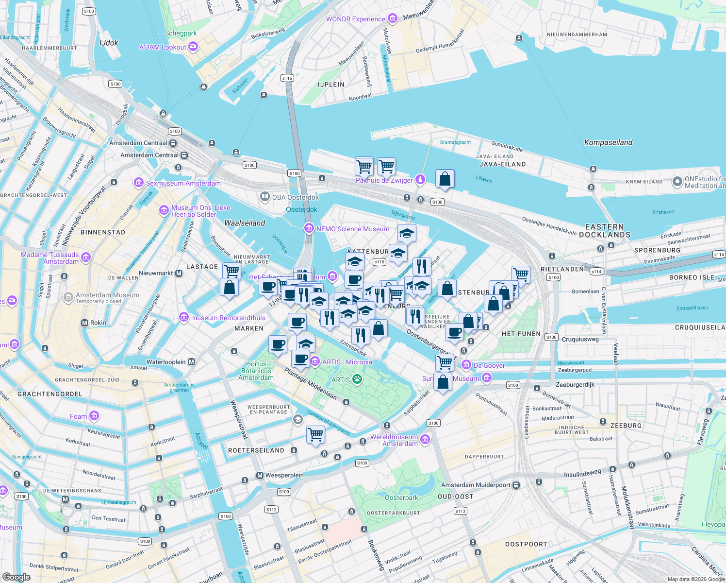 map of restaurants, bars, coffee shops, grocery stores, and more near 38L Bijltjespad in Amsterdam