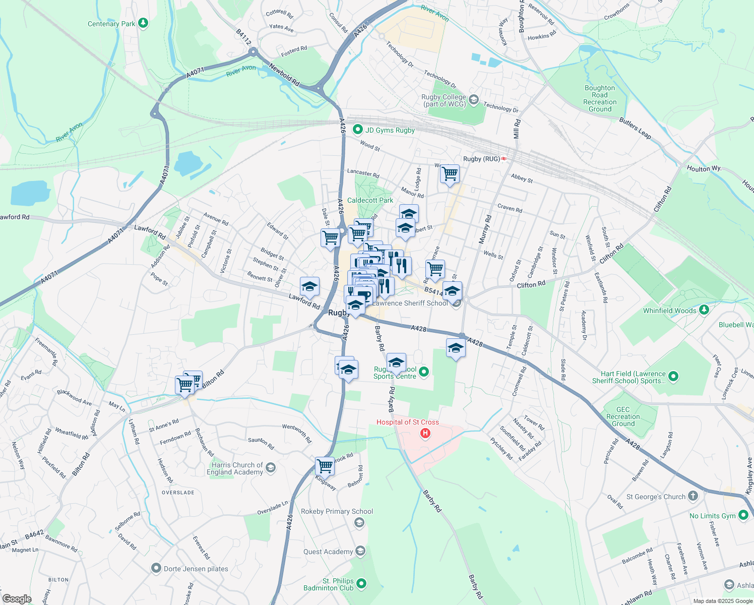 map of restaurants, bars, coffee shops, grocery stores, and more near in Warwickshire