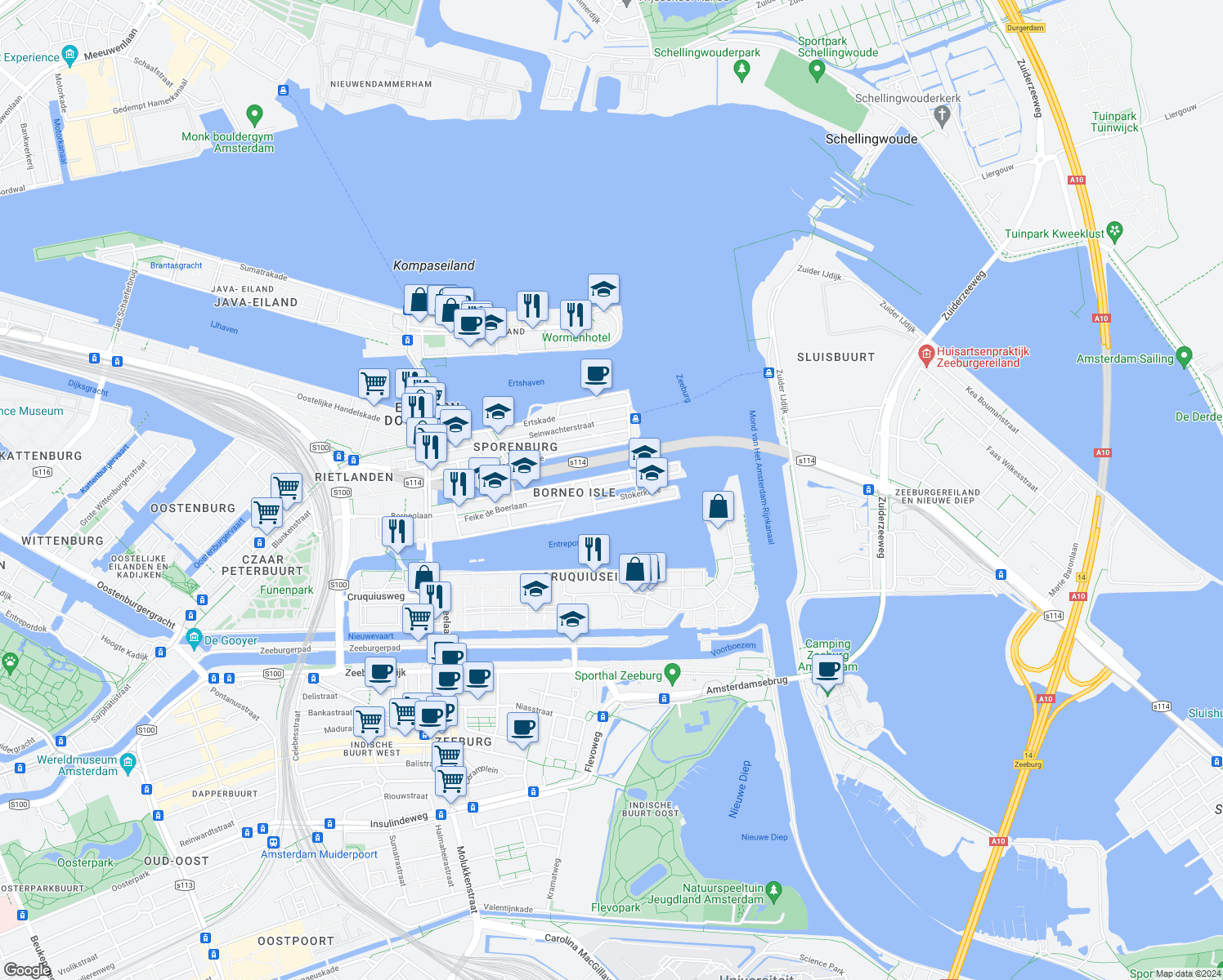 map of restaurants, bars, coffee shops, grocery stores, and more near 26 Scheepstimmermanstraat in Amsterdam