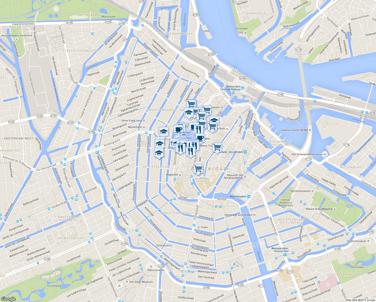 map of restaurants, bars, coffee shops, grocery stores, and more near 9 Jonge Roelensteeg in Amsterdam