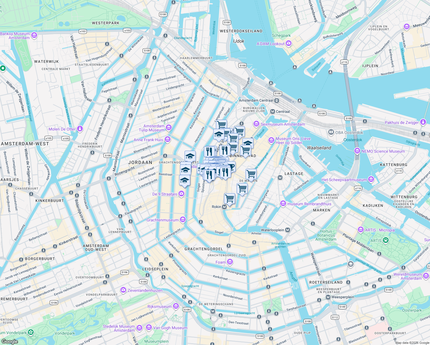 map of restaurants, bars, coffee shops, grocery stores, and more near 21 Paleisstraat in Amsterdam
