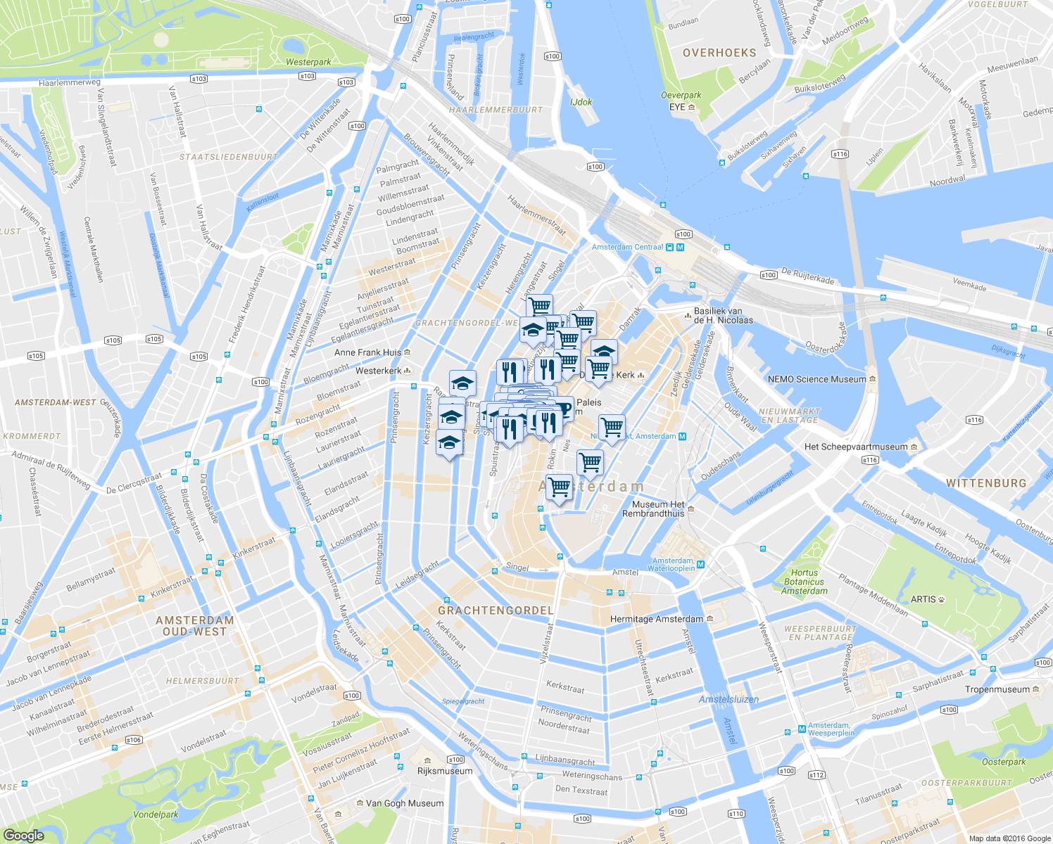 map of restaurants, bars, coffee shops, grocery stores, and more near 15 Paleisstraat in Amsterdam