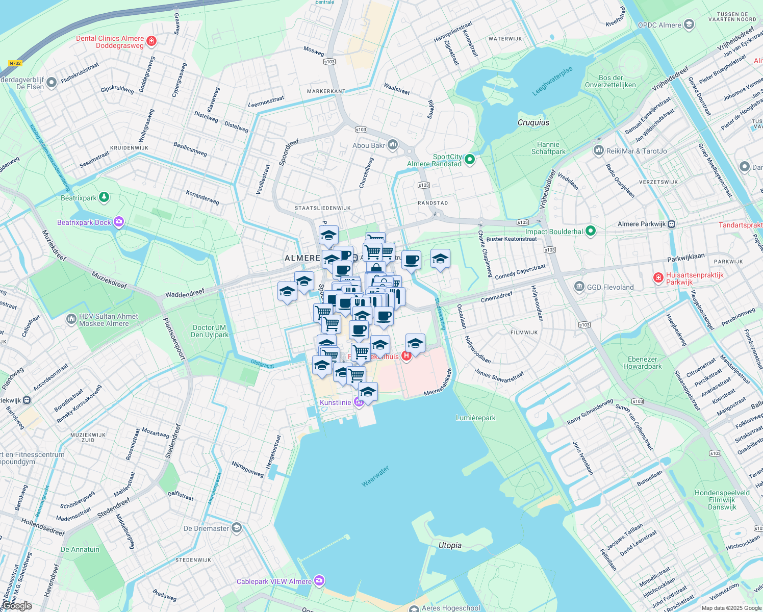 map of restaurants, bars, coffee shops, grocery stores, and more near 56 Stationsstraat in Almere
