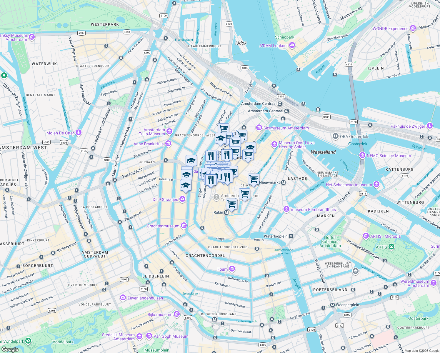 map of restaurants, bars, coffee shops, grocery stores, and more near 3 Paleisstraat in Amsterdam