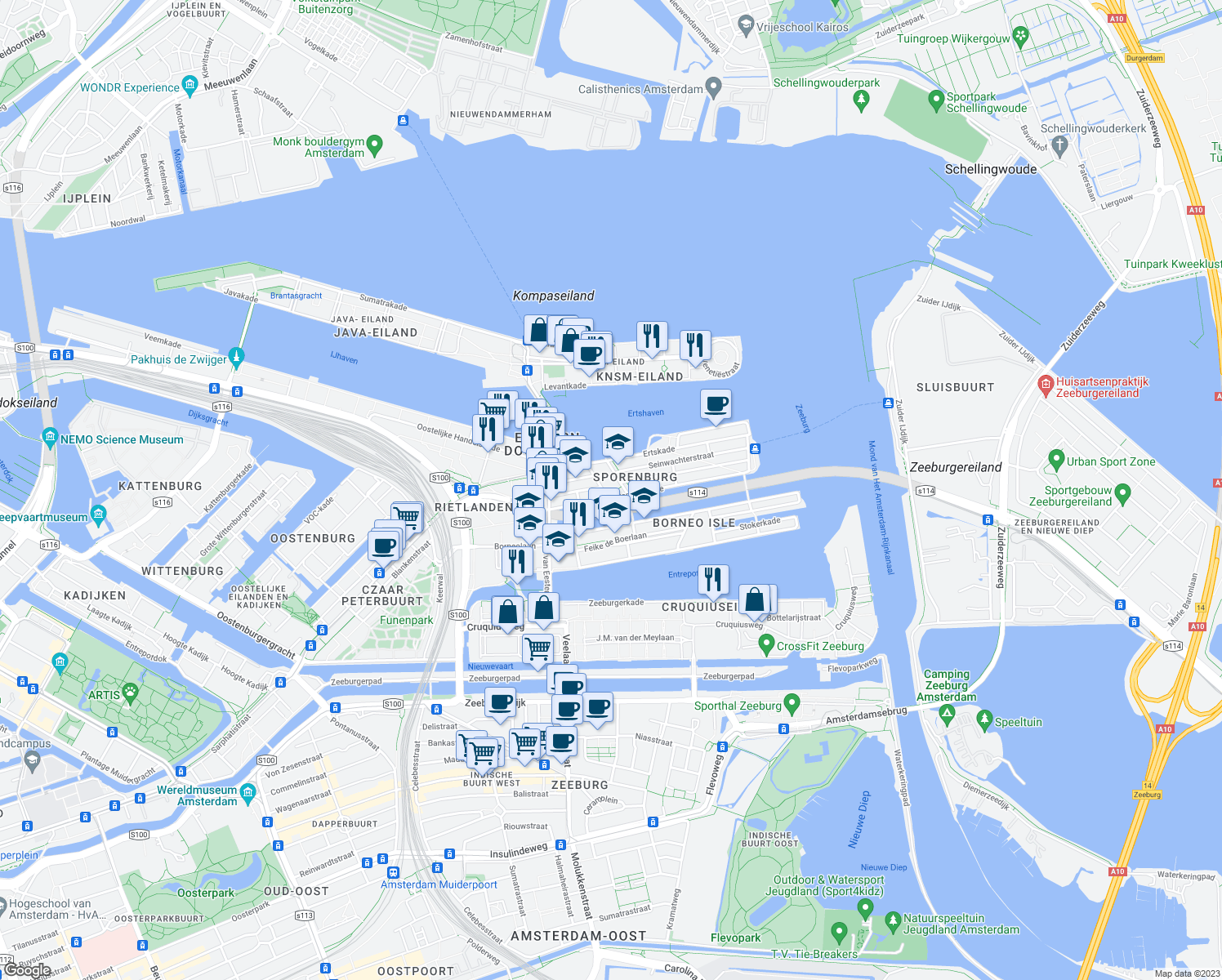 map of restaurants, bars, coffee shops, grocery stores, and more near 2 Baron G.A. Tindalstraat in Amsterdam