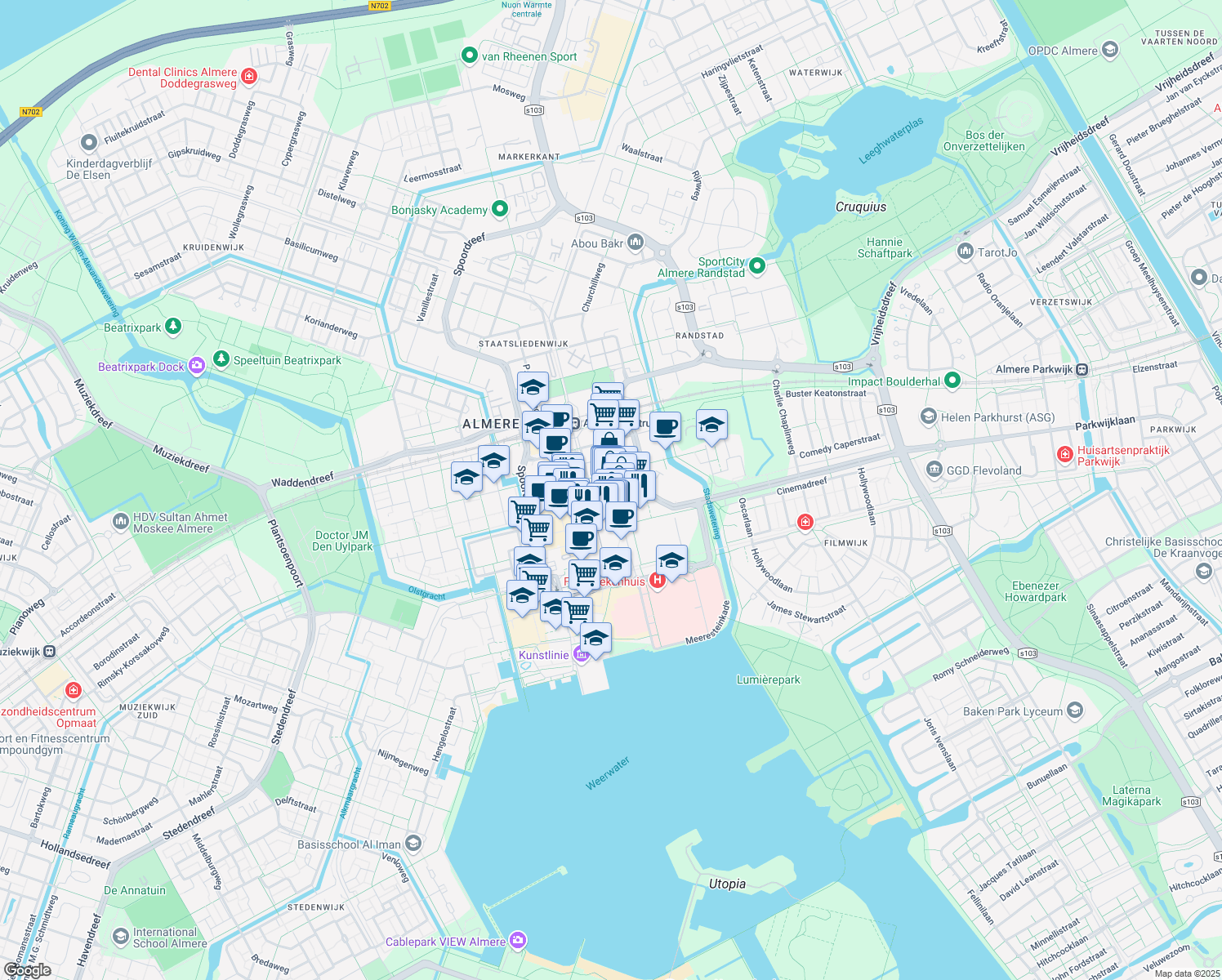 map of restaurants, bars, coffee shops, grocery stores, and more near 56 Stationsstraat in Almere
