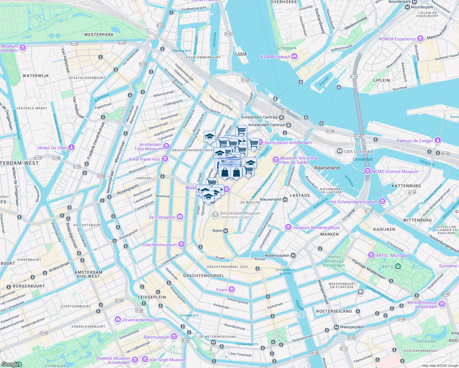 map of restaurants, bars, coffee shops, grocery stores, and more near 2 Dam Square in Amsterdam