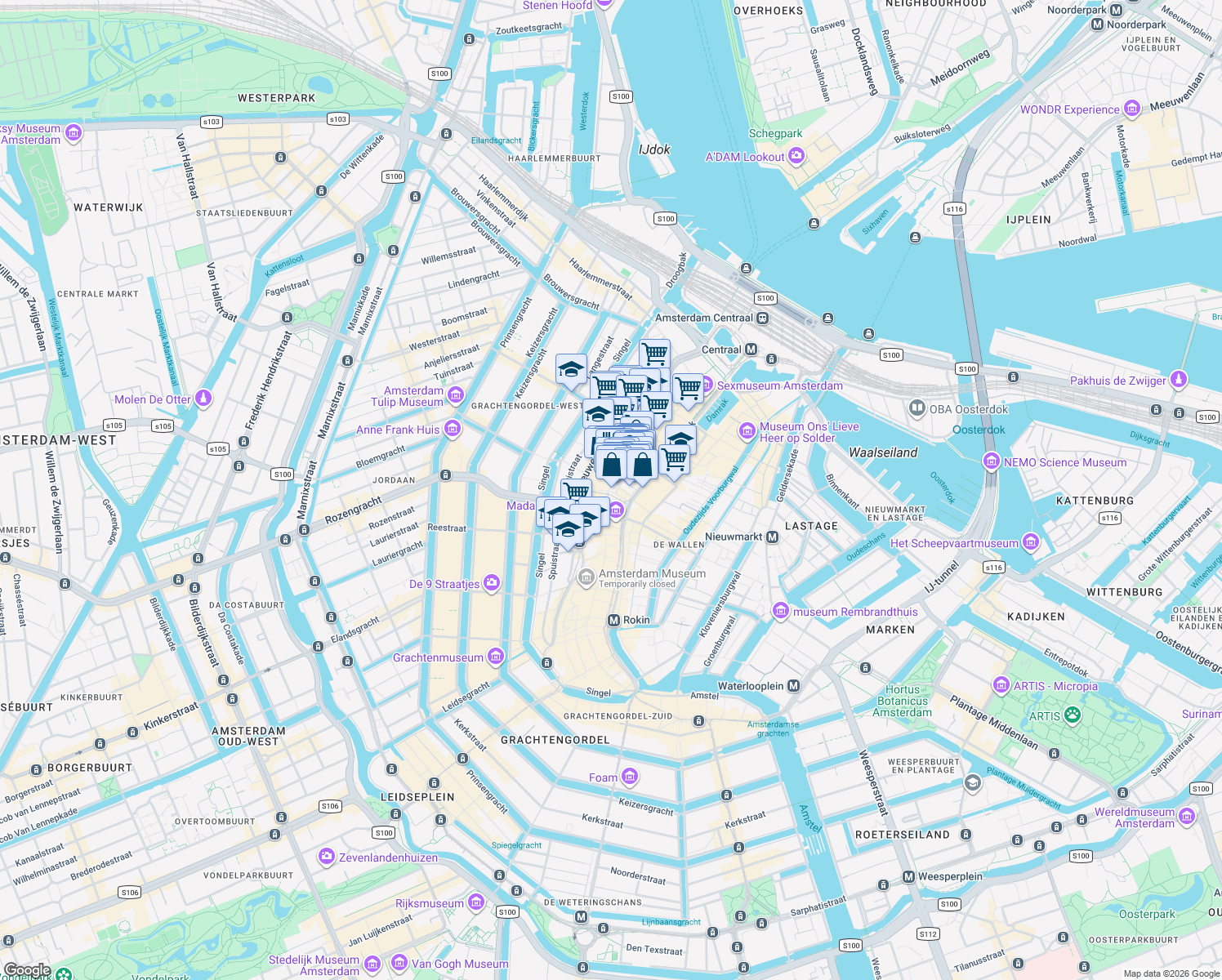 map of restaurants, bars, coffee shops, grocery stores, and more near 10 Dam Square in Amsterdam