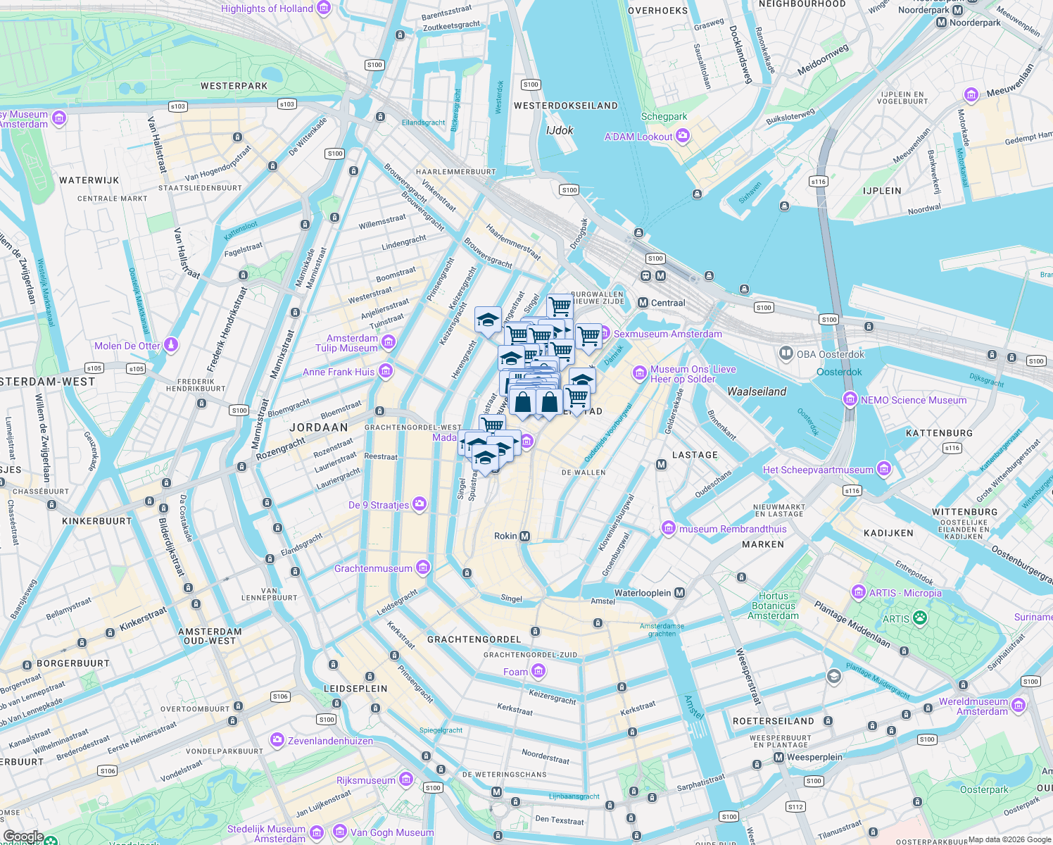map of restaurants, bars, coffee shops, grocery stores, and more near 224 Nieuwendijk in Amsterdam