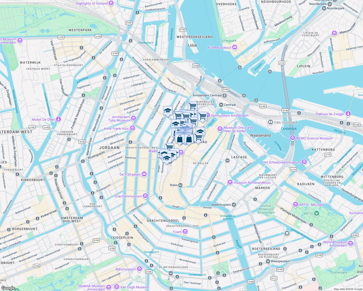 map of restaurants, bars, coffee shops, grocery stores, and more near 220 Nieuwendijk in Amsterdam