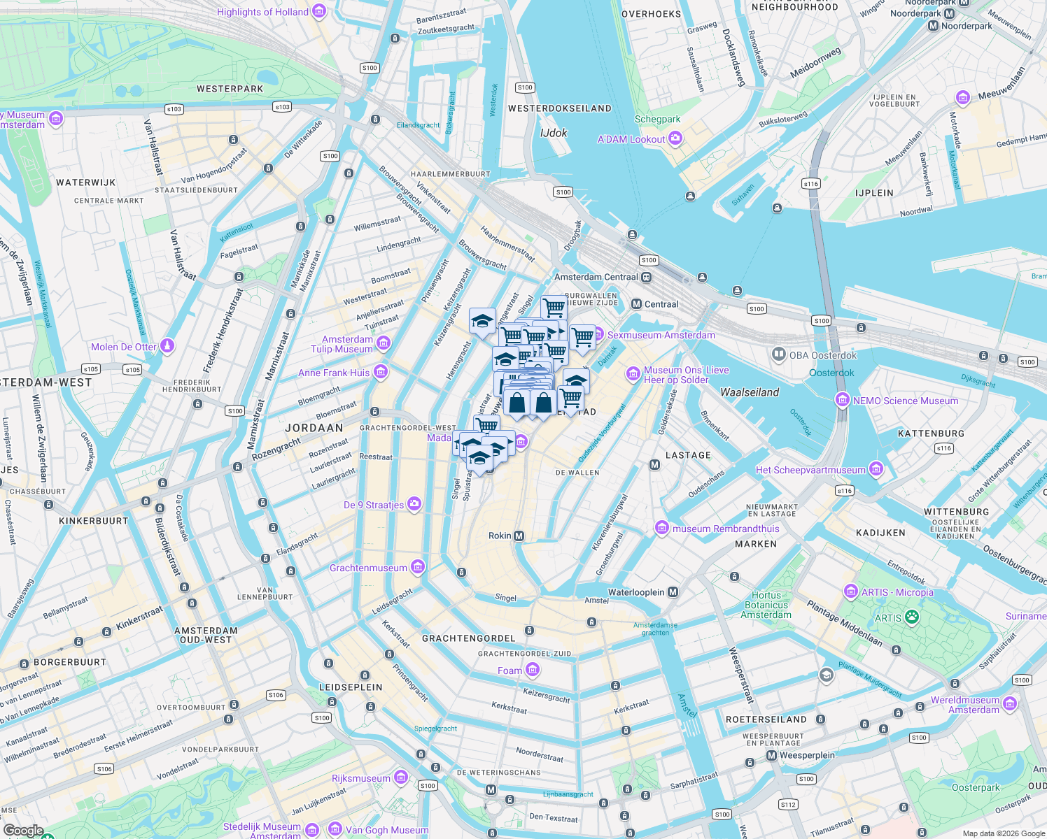 map of restaurants, bars, coffee shops, grocery stores, and more near 218 Nieuwendijk in Amsterdam
