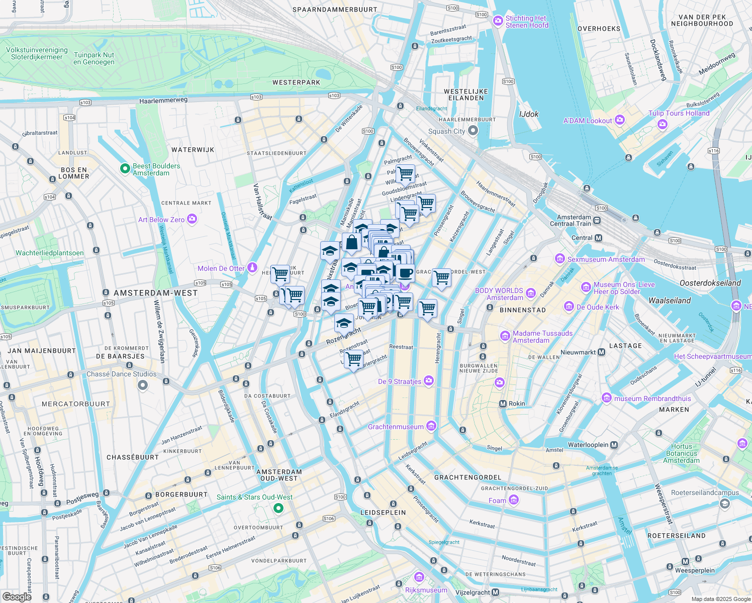 map of restaurants, bars, coffee shops, grocery stores, and more near  in Amsterdam