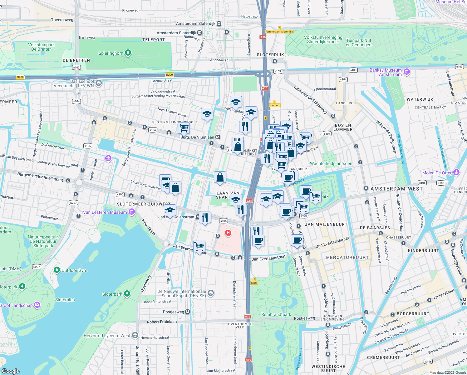 map of restaurants, bars, coffee shops, grocery stores, and more near 118 Willem Augustinstraat in Amsterdam