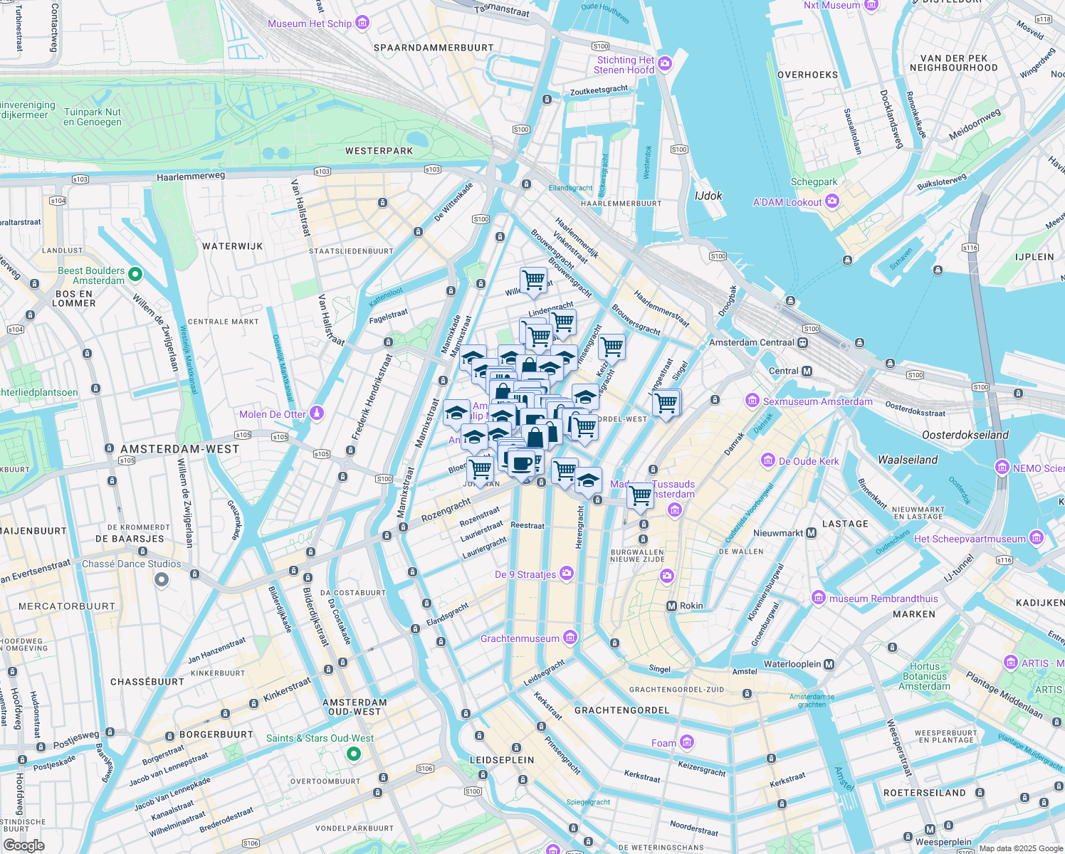 map of restaurants, bars, coffee shops, grocery stores, and more near 2 Nieuwe Leliestraat in Amsterdam