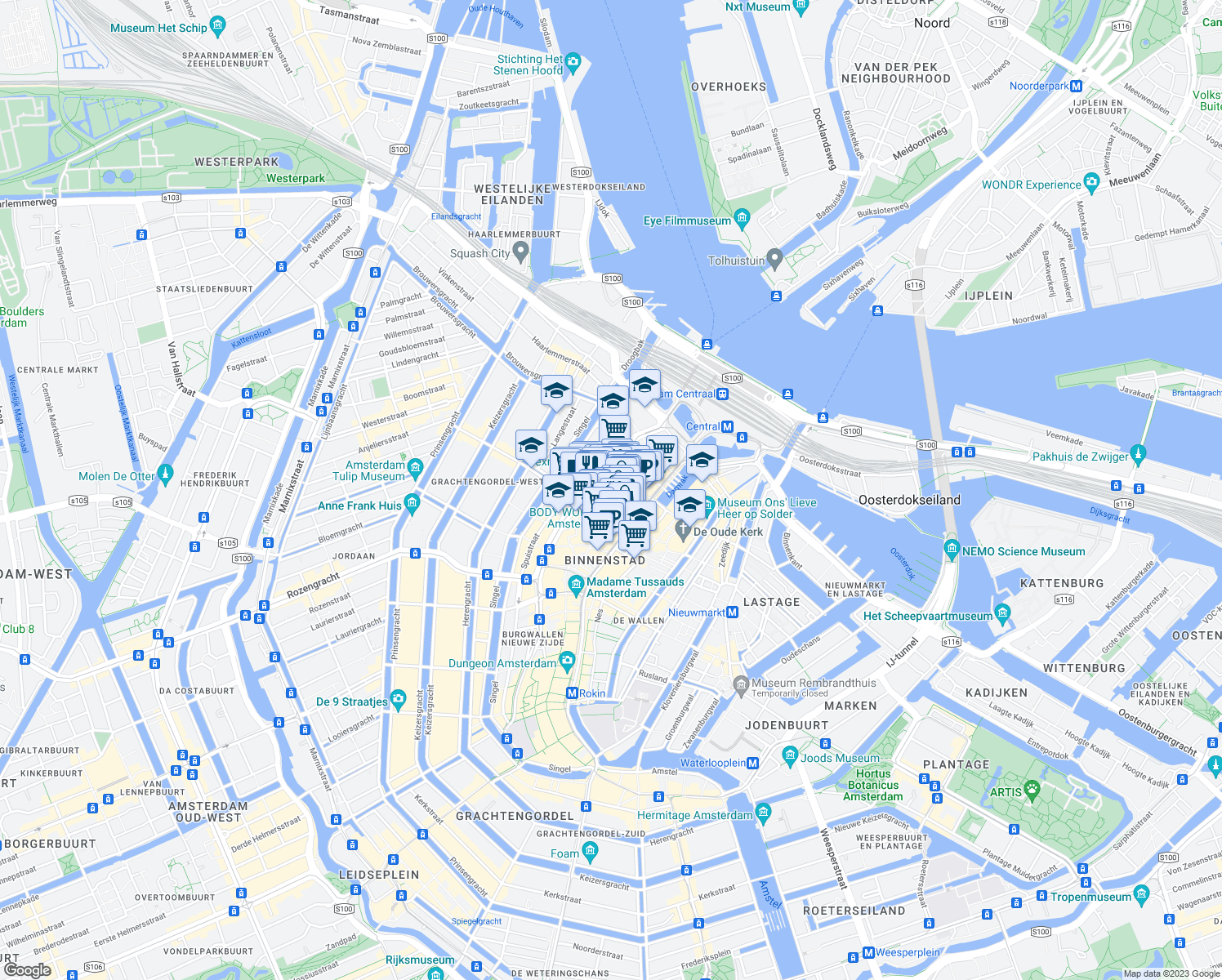 map of restaurants, bars, coffee shops, grocery stores, and more near 19 Nieuwezijds Kolk in Amsterdam