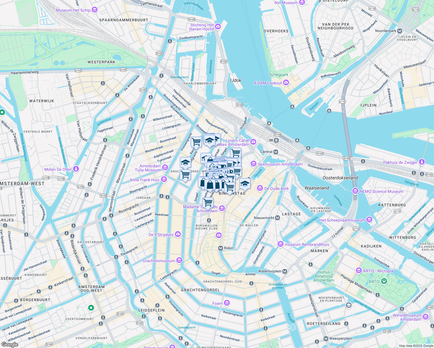 map of restaurants, bars, coffee shops, grocery stores, and more near 3 Lijnbaanssteeg in Amsterdam