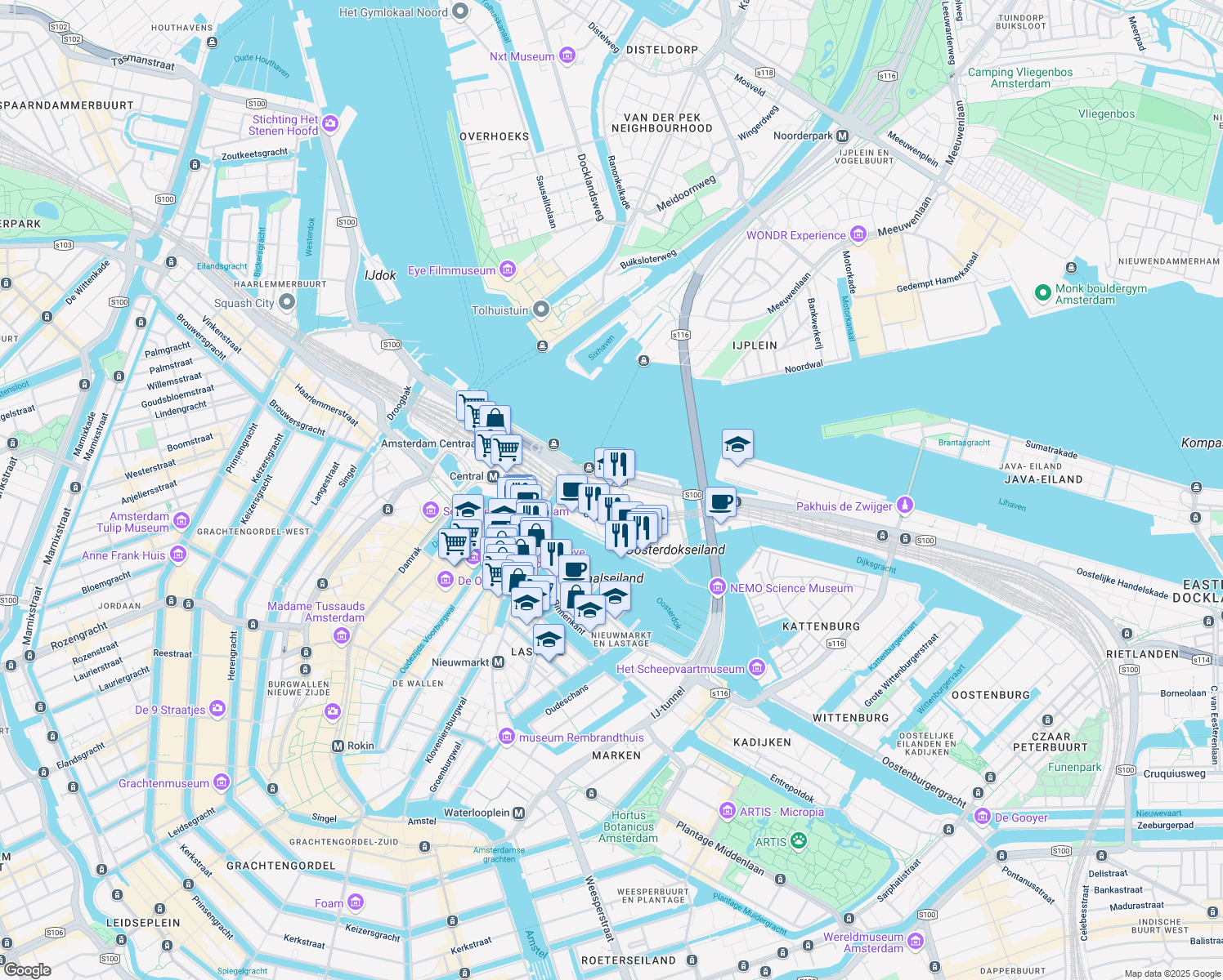 map of restaurants, bars, coffee shops, grocery stores, and more near 125 De Ruyterkade in Amsterdam