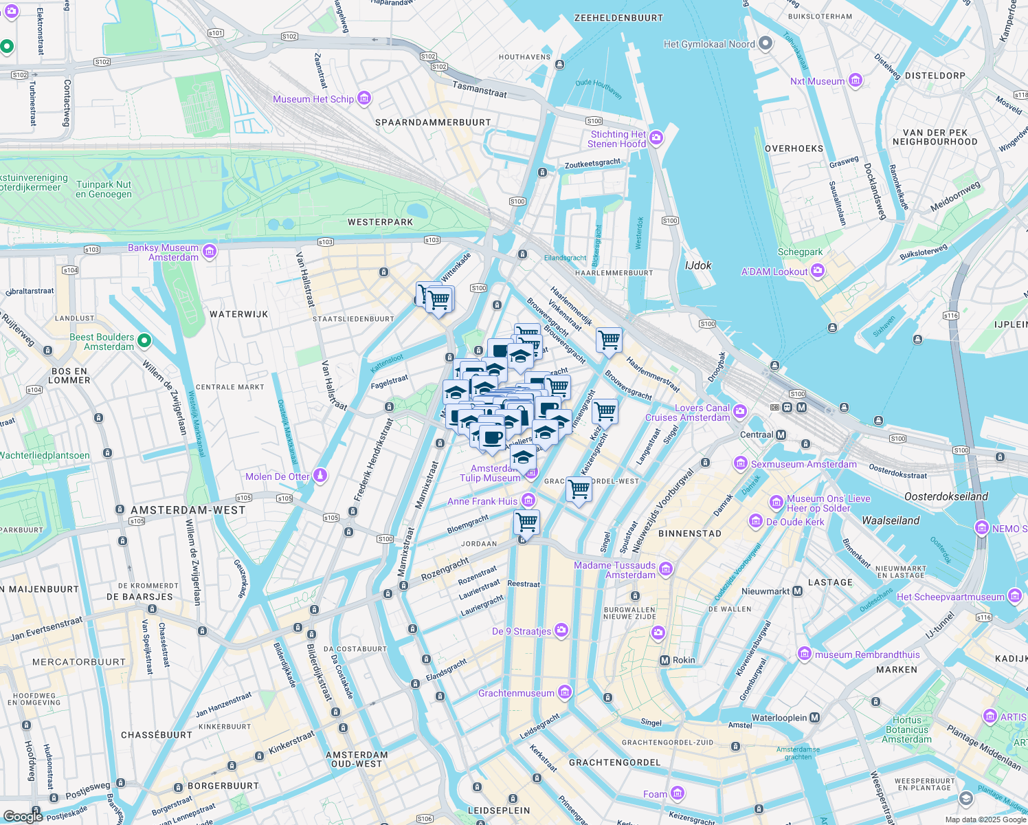 map of restaurants, bars, coffee shops, grocery stores, and more near 104 Boomstraat in Amsterdam