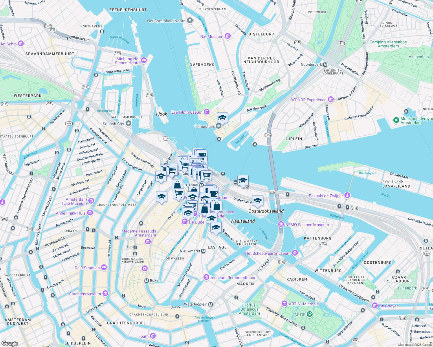 map of restaurants, bars, coffee shops, grocery stores, and more near De Ruyterkade in Amsterdam