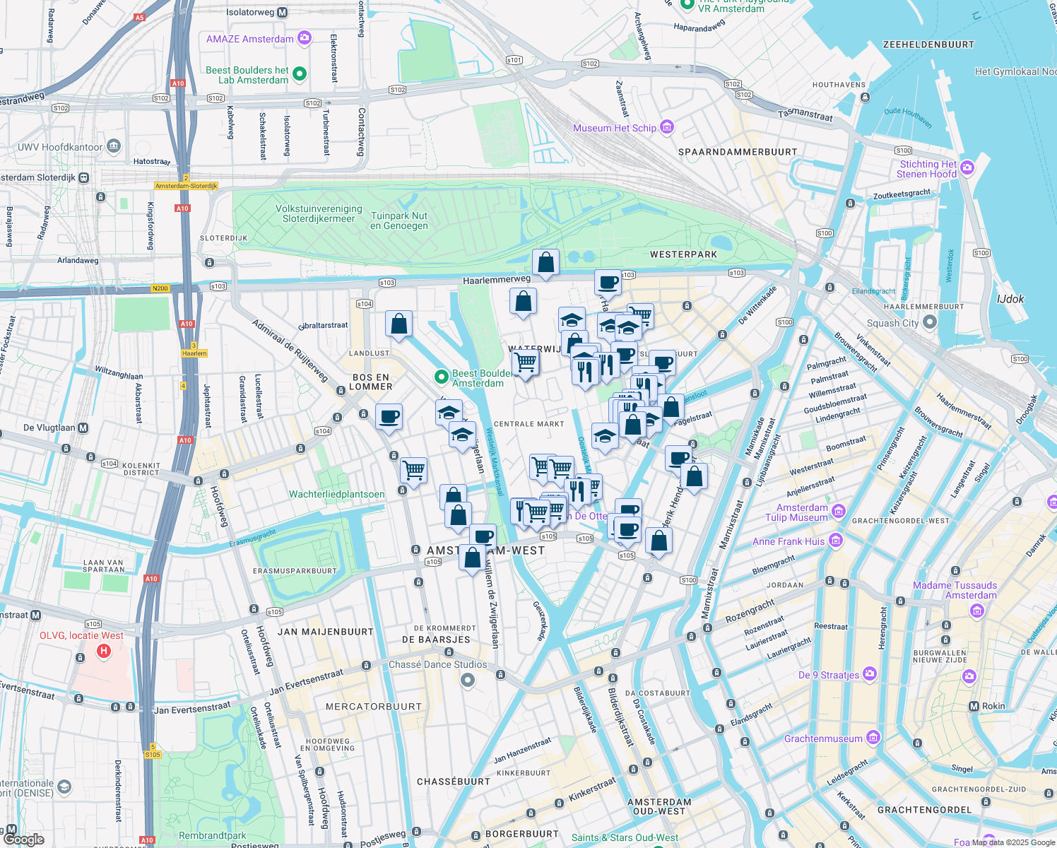 map of restaurants, bars, coffee shops, grocery stores, and more near in Amsterdam