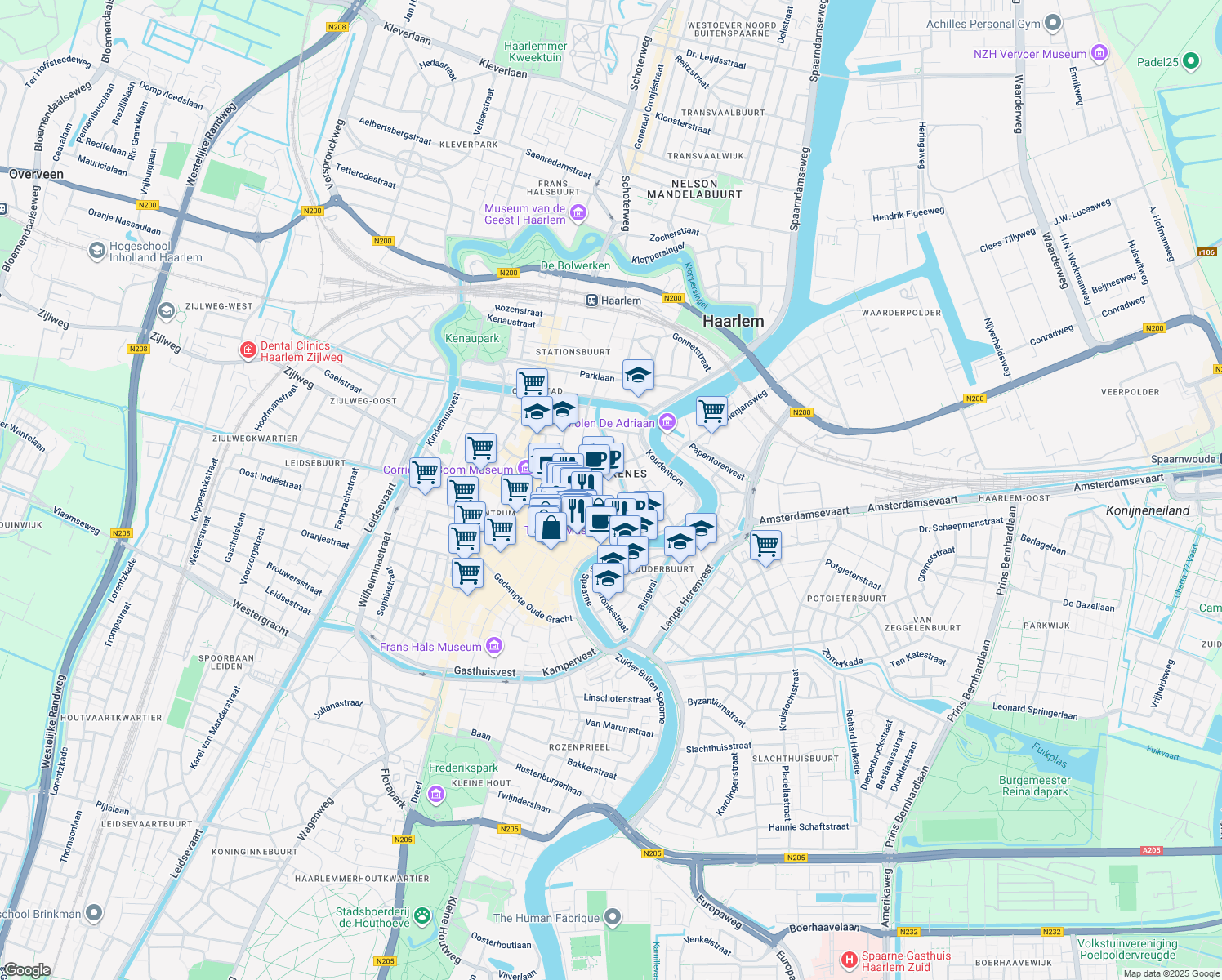 map of restaurants, bars, coffee shops, grocery stores, and more near 16 Korte Begijnestraat in Haarlem
