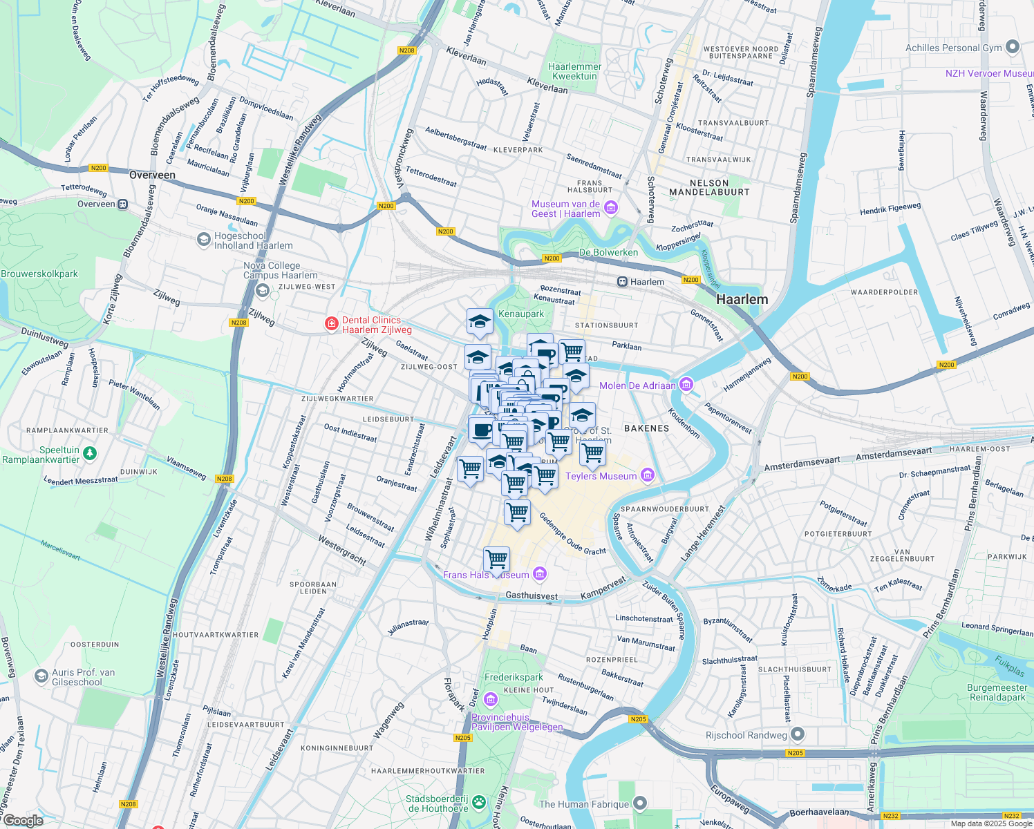 map of restaurants, bars, coffee shops, grocery stores, and more near 5A Nassaulaan in Haarlem