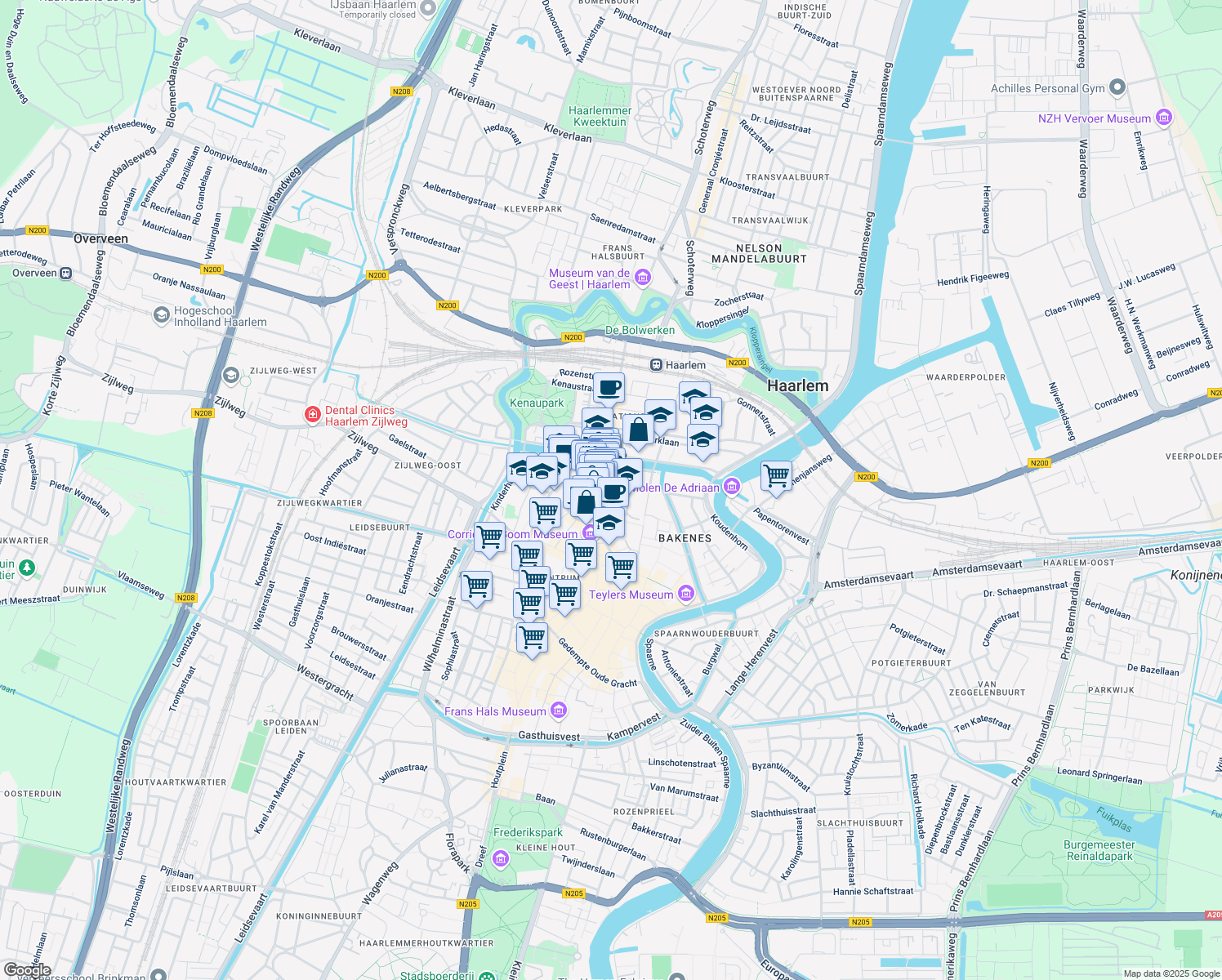 map of restaurants, bars, coffee shops, grocery stores, and more near 6 Ridderstraat in Haarlem