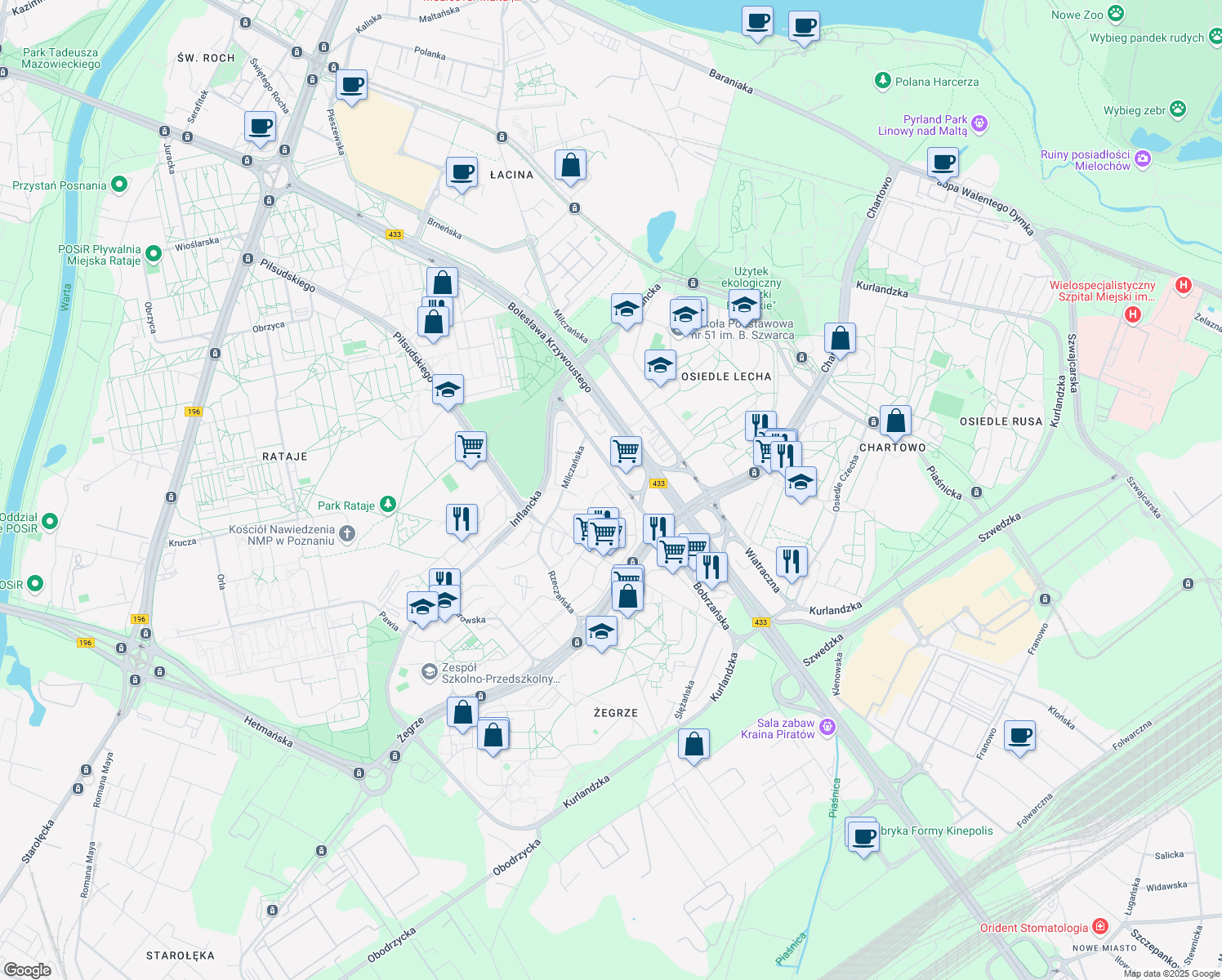 map of restaurants, bars, coffee shops, grocery stores, and more near 161 Osiedle Stare Żegrze in Poznań