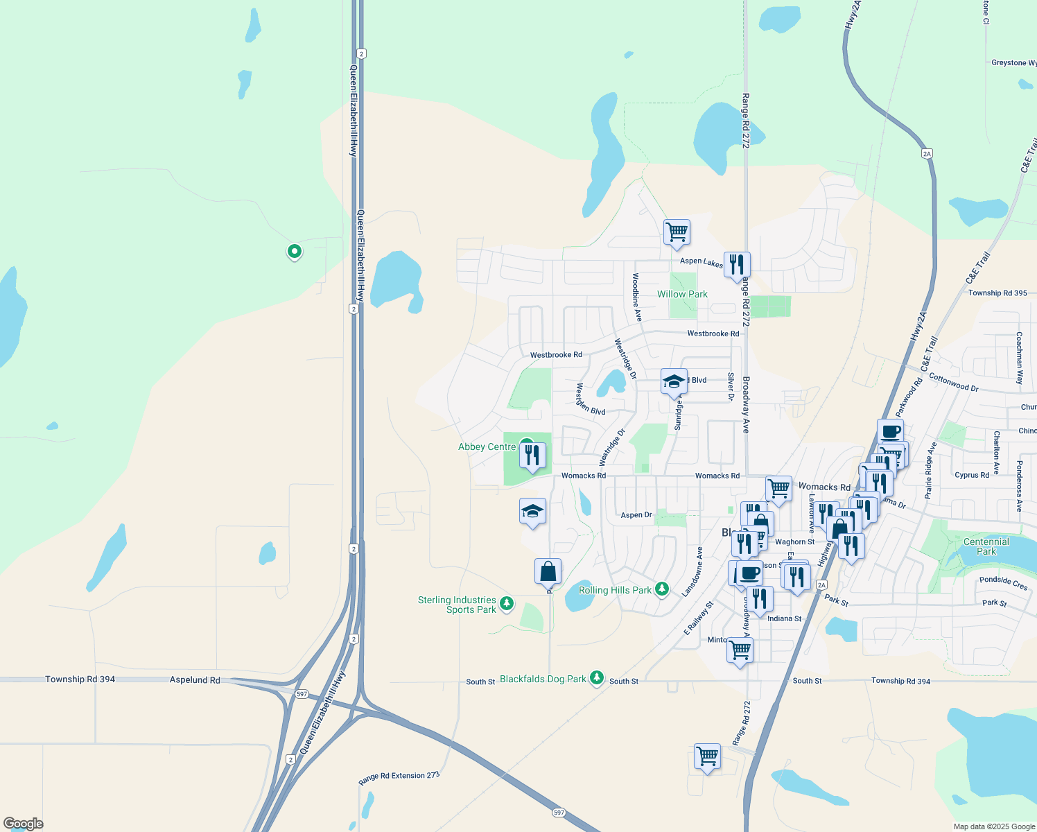 map of restaurants, bars, coffee shops, grocery stores, and more near 13 Vintage Close in Blackfalds