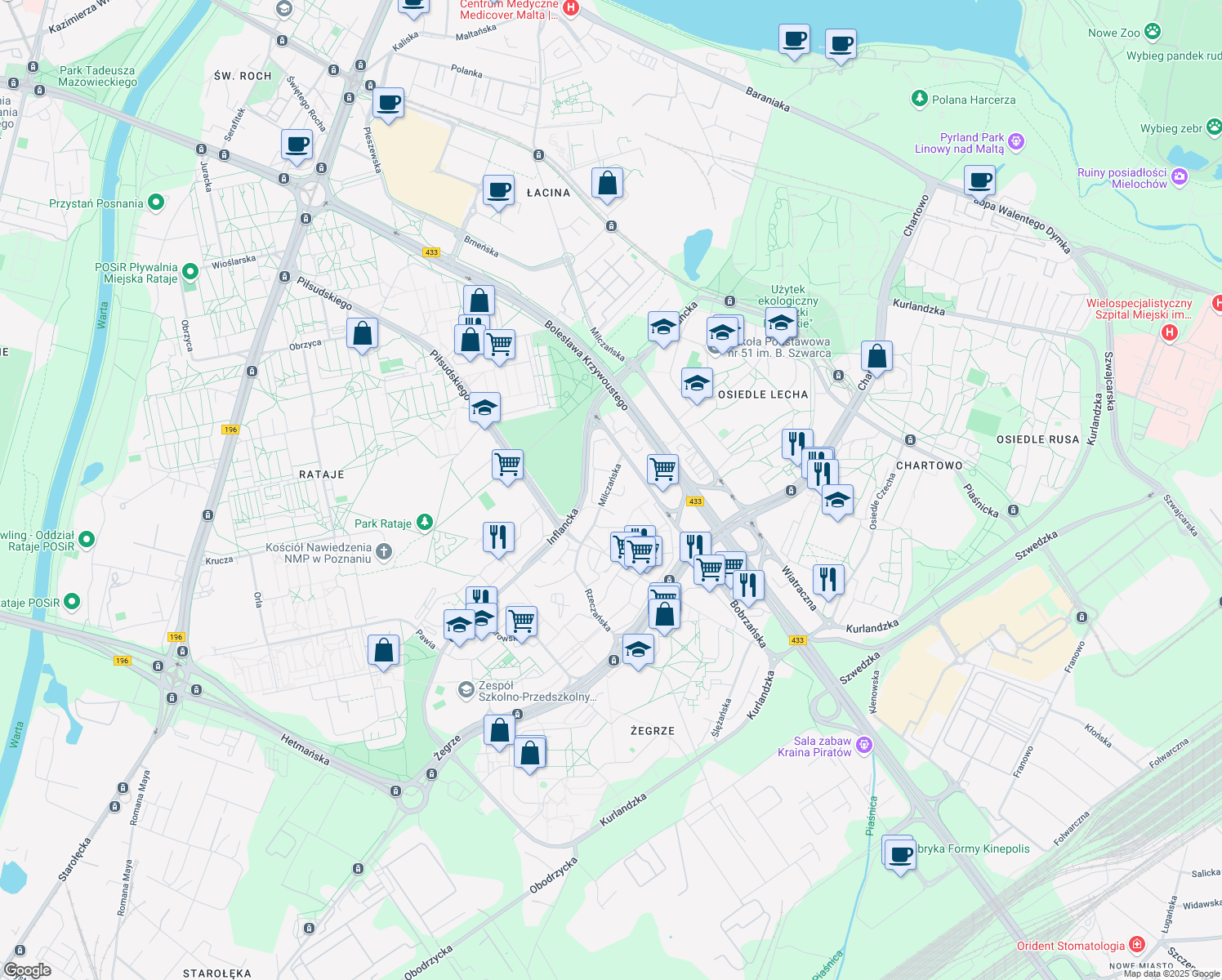 map of restaurants, bars, coffee shops, grocery stores, and more near 161 Osiedle Stare Żegrze in Poznań
