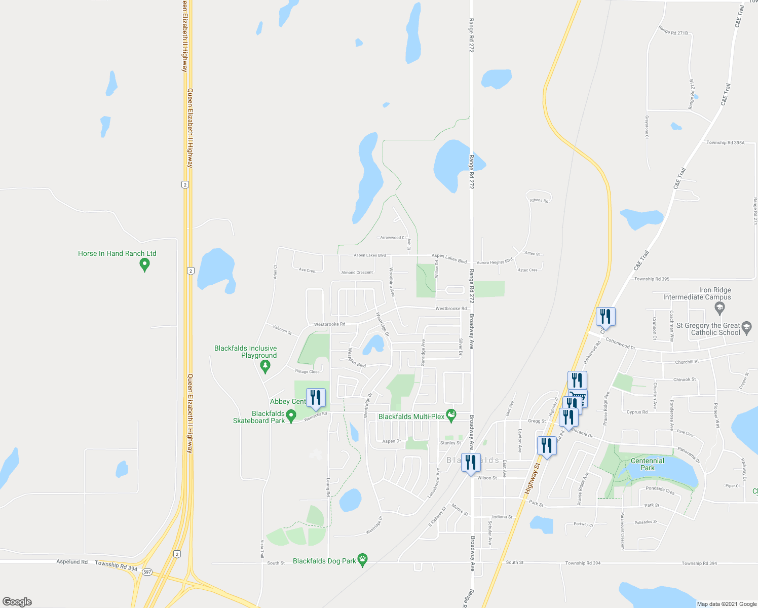map of restaurants, bars, coffee shops, grocery stores, and more near 201 Westgate Crescent in Blackfalds