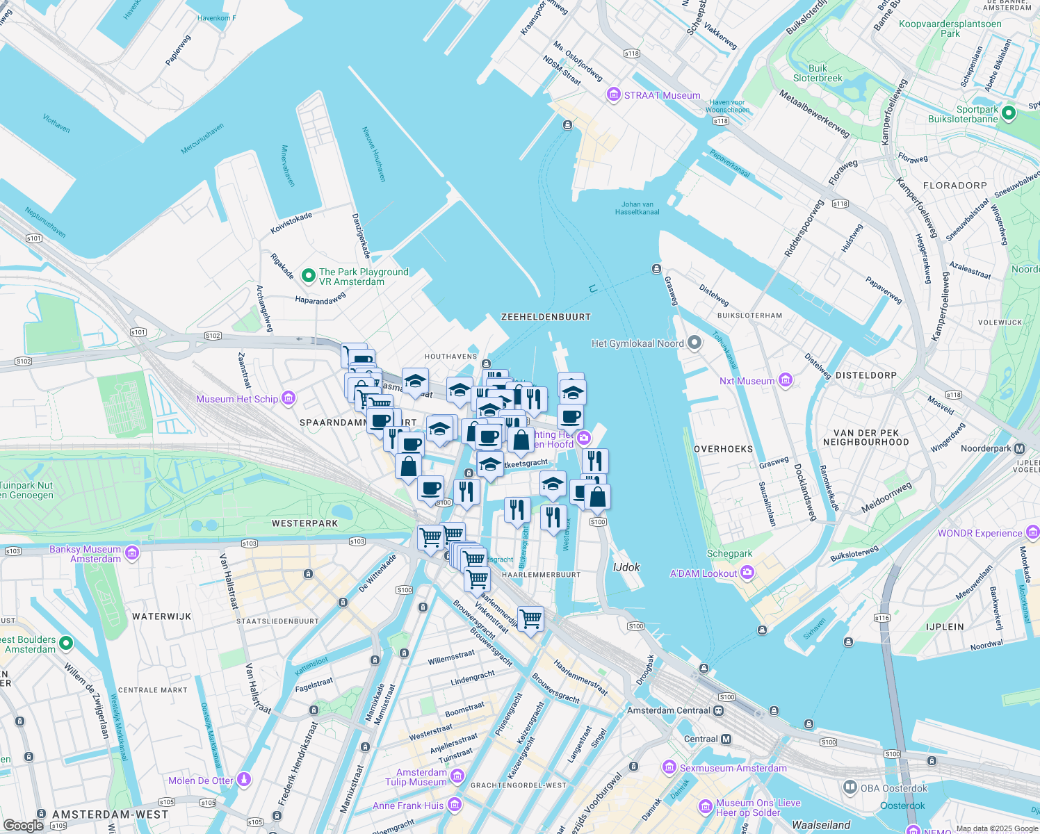 map of restaurants, bars, coffee shops, grocery stores, and more near 206 Van Diemenstraat in Amsterdam