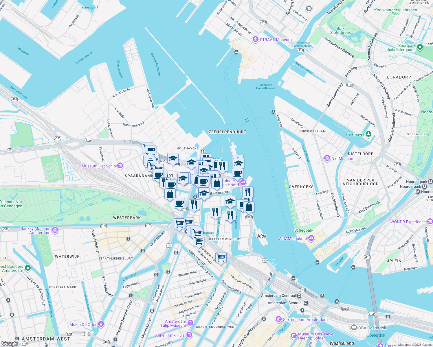 map of restaurants, bars, coffee shops, grocery stores, and more near 206 Van Diemenstraat in Amsterdam