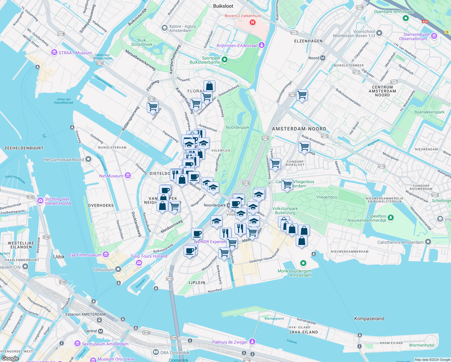 map of restaurants, bars, coffee shops, grocery stores, and more near in Amsterdam