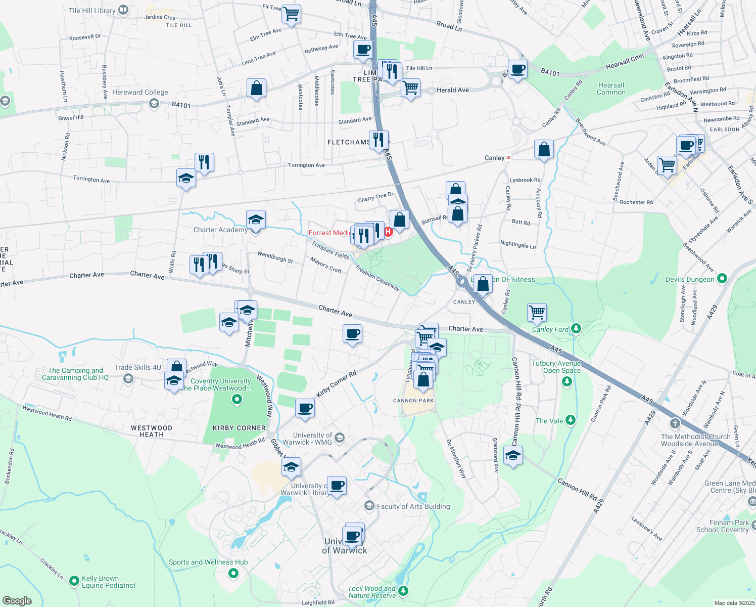 map of restaurants, bars, coffee shops, grocery stores, and more near Thimbler Road in Coventry