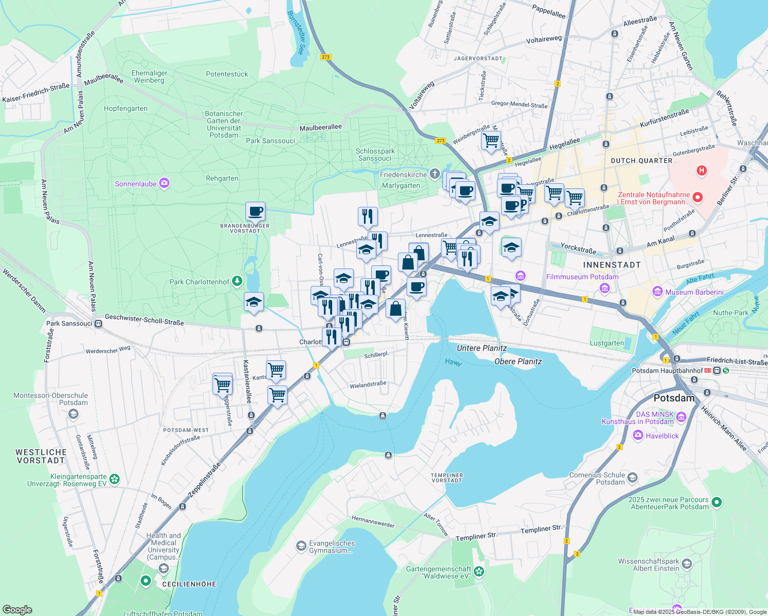 map of restaurants, bars, coffee shops, grocery stores, and more near 161 Zeppelinstraße in Potsdam