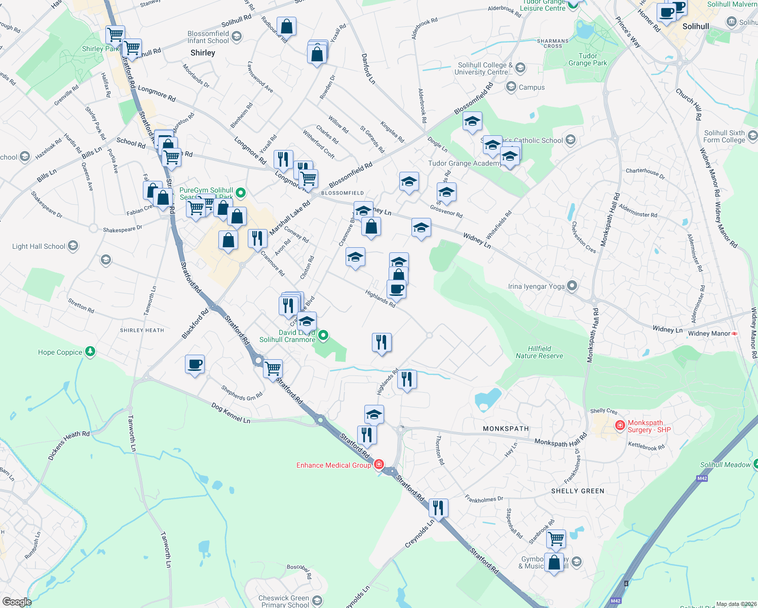 map of restaurants, bars, coffee shops, grocery stores, and more near Stirling Road in Shirley