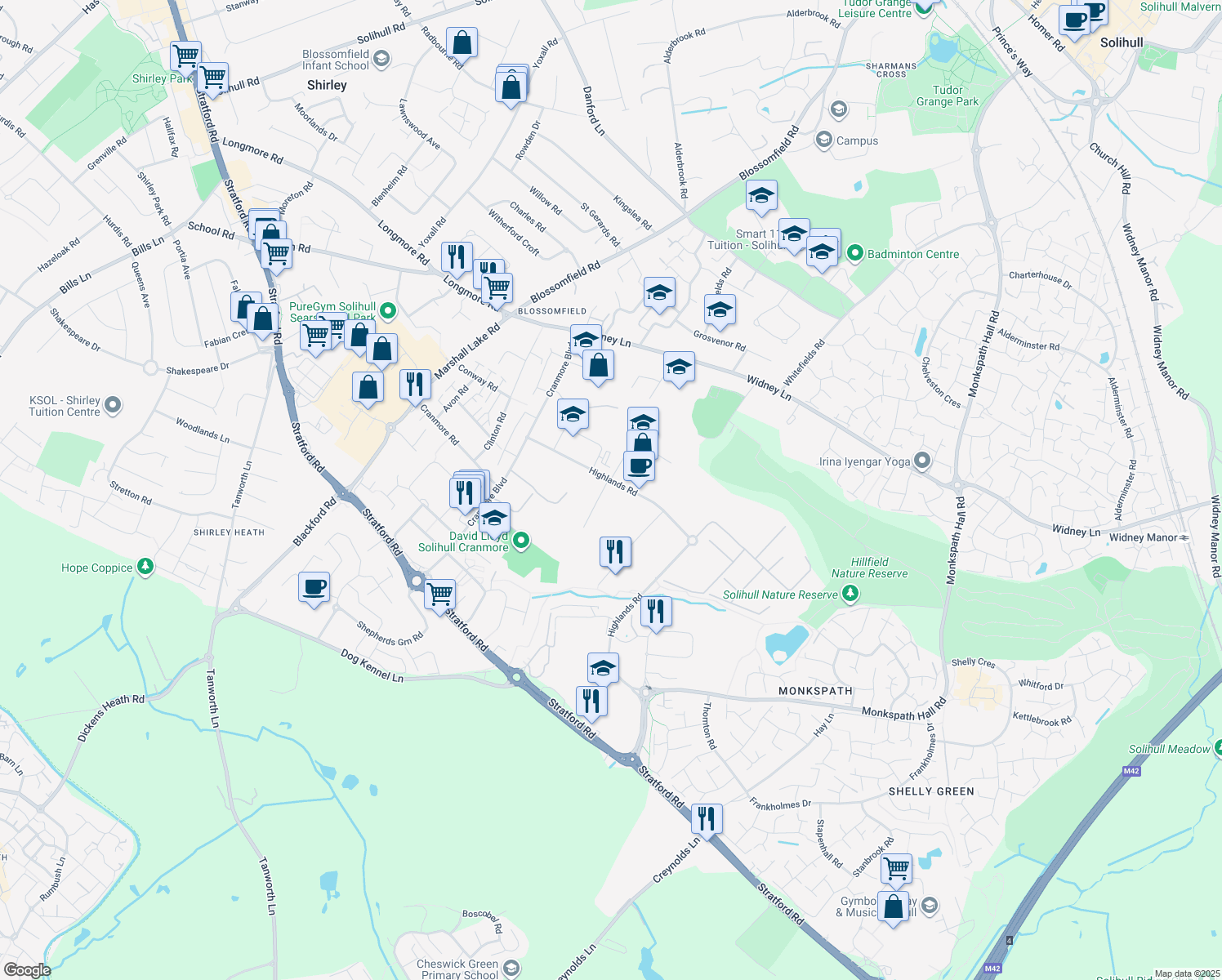 map of restaurants, bars, coffee shops, grocery stores, and more near Stirling Road in Shirley