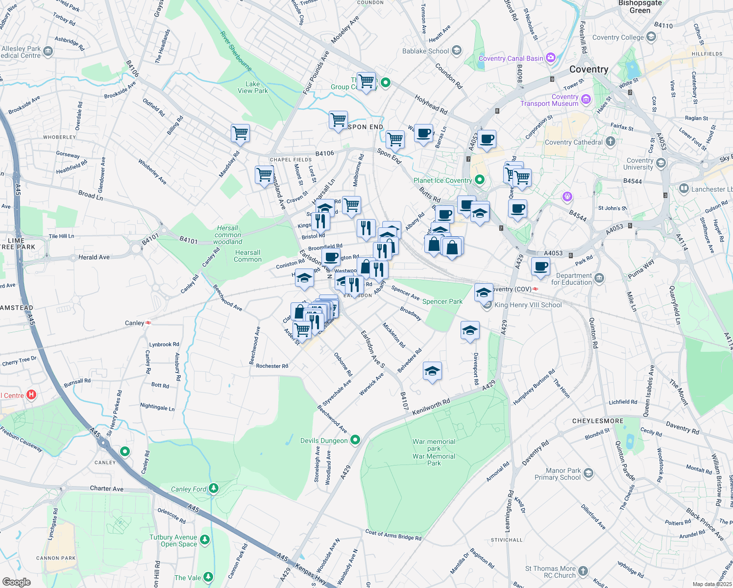 map of restaurants, bars, coffee shops, grocery stores, and more near Albany Road in West Midlands