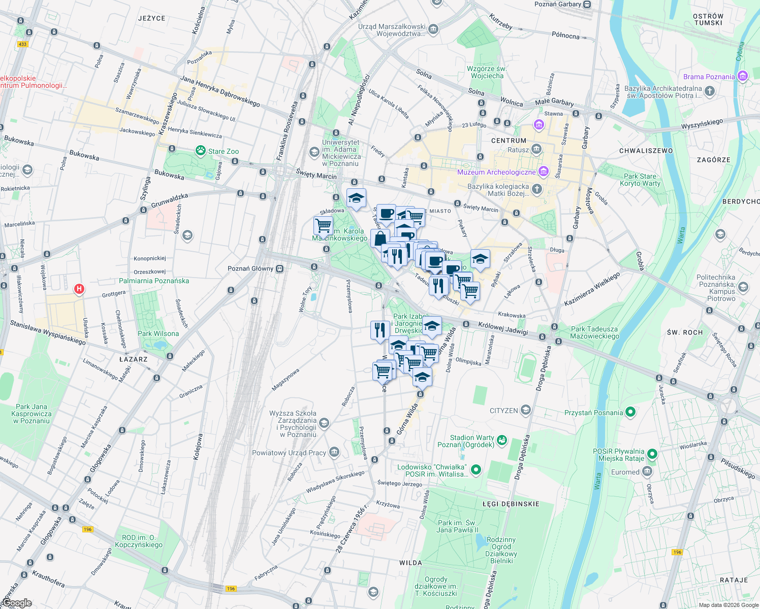 map of restaurants, bars, coffee shops, grocery stores, and more near 1A Wierzbięcice in Poznań
