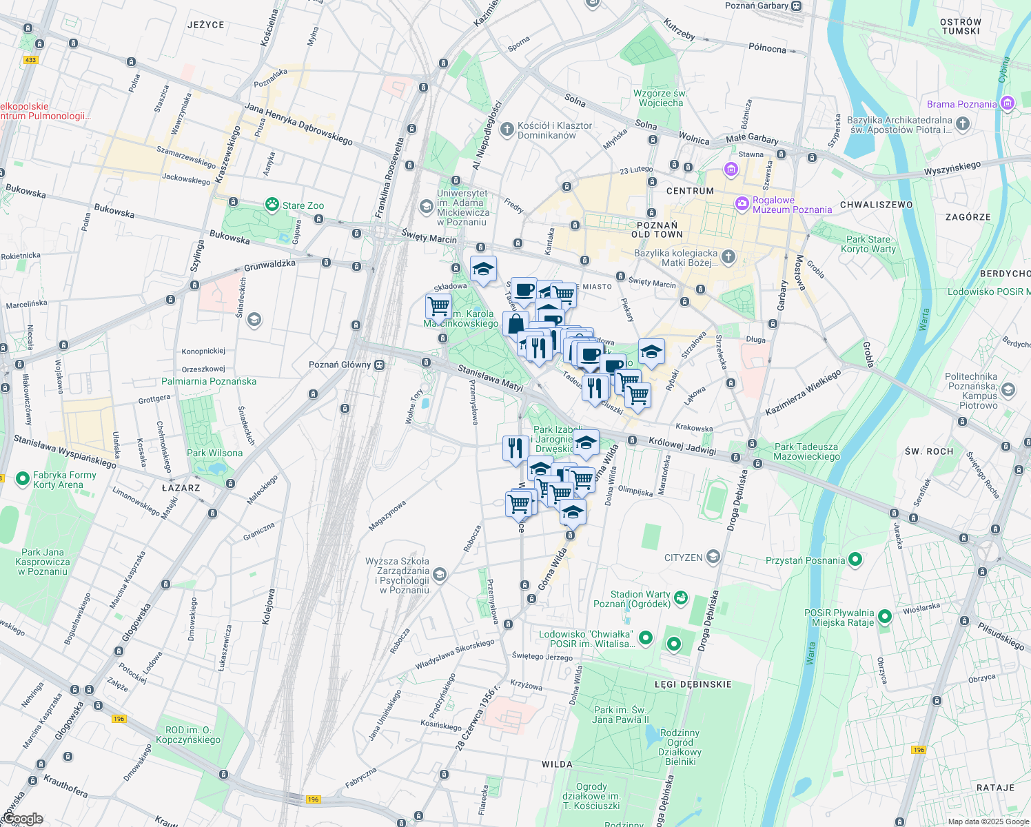 map of restaurants, bars, coffee shops, grocery stores, and more near 1A Wierzbięcice in Poznań