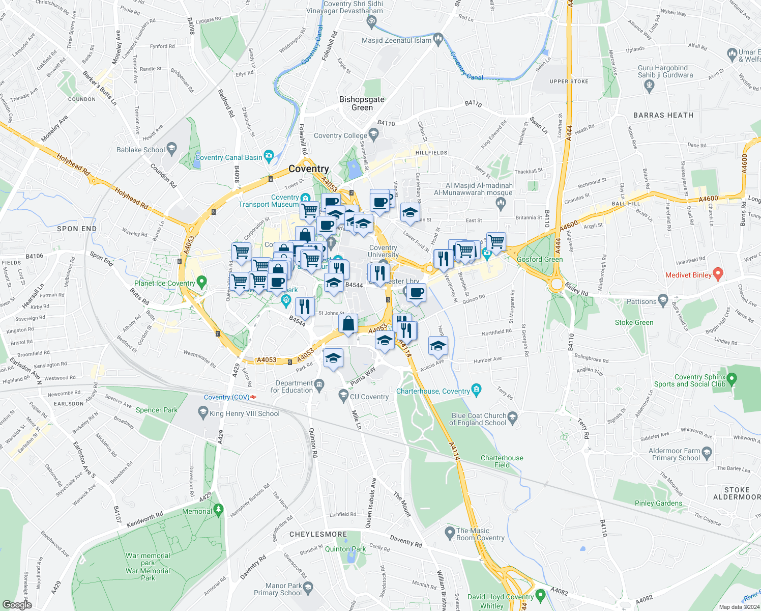 map of restaurants, bars, coffee shops, grocery stores, and more near Whitefriars Lane in West Midlands