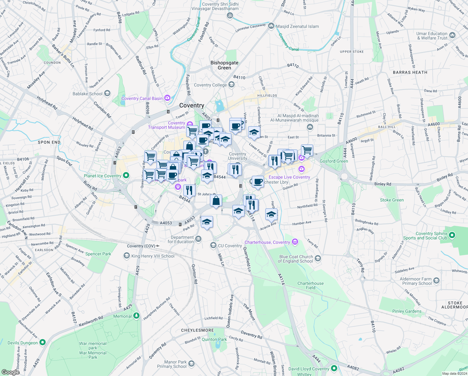 map of restaurants, bars, coffee shops, grocery stores, and more near Whitefriars Lane in West Midlands