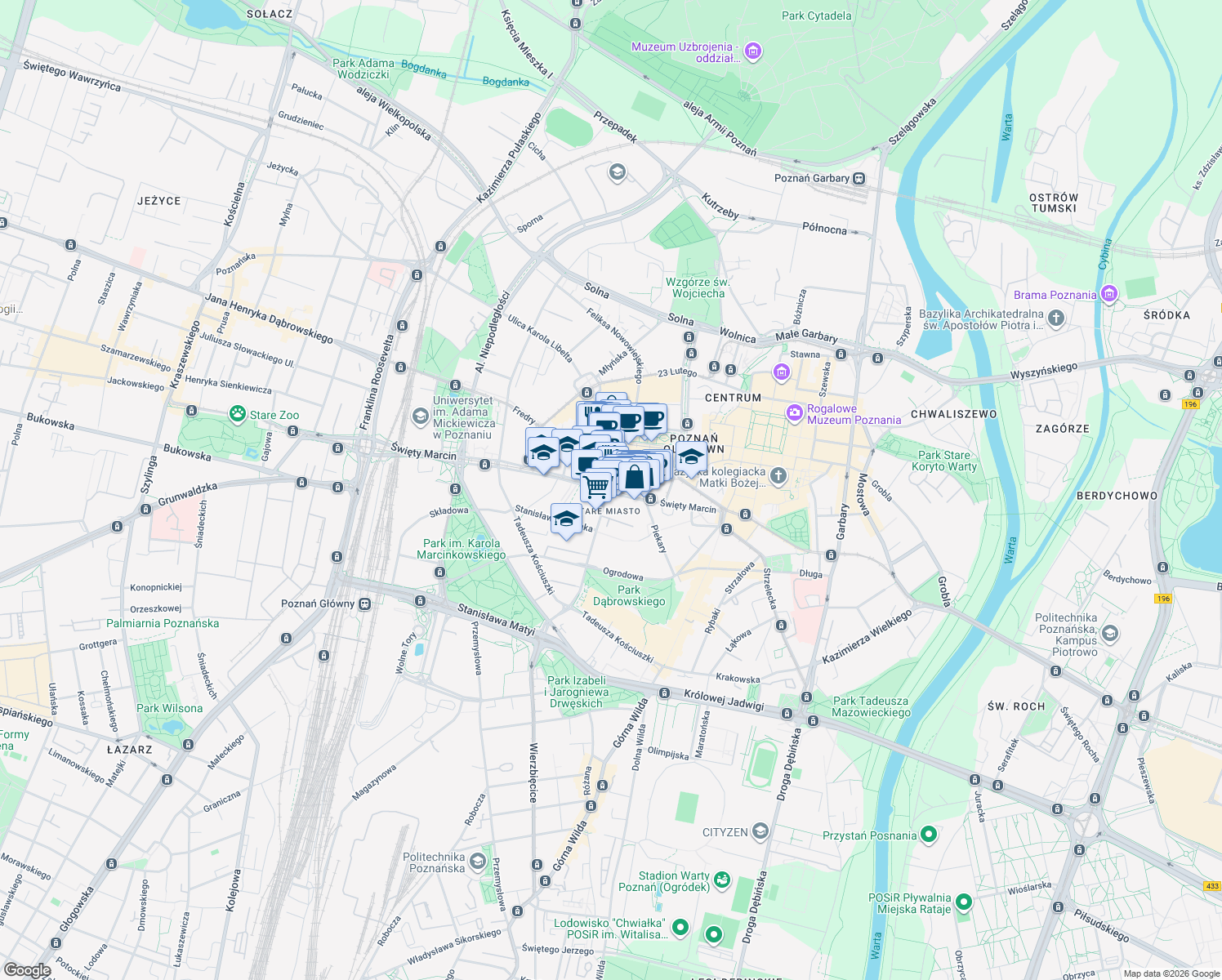map of restaurants, bars, coffee shops, grocery stores, and more near 38 Ratajczaka in Poznań