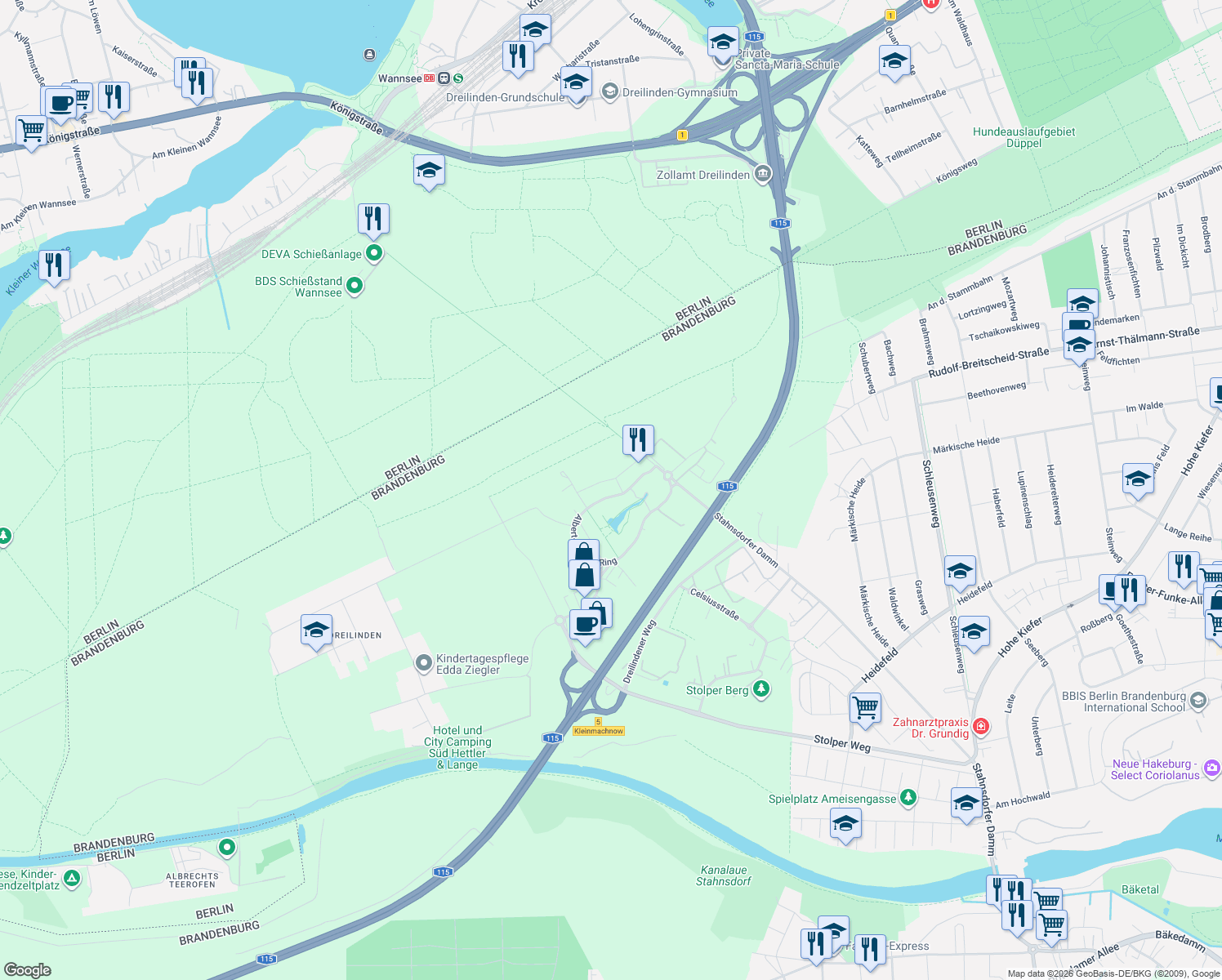 map of restaurants, bars, coffee shops, grocery stores, and more near 9 Albert-Einstein-Ring in Kleinmachnow