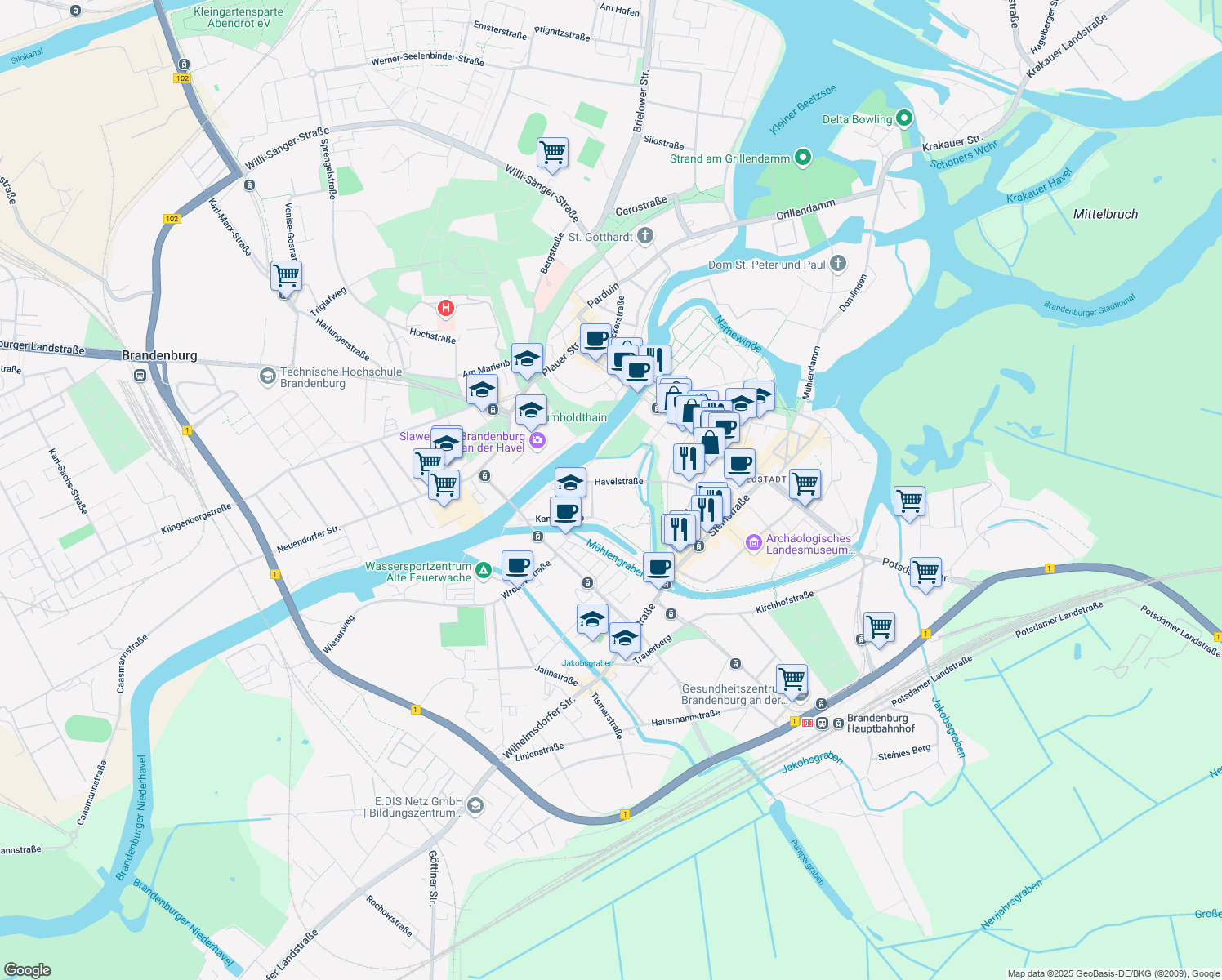 map of restaurants, bars, coffee shops, grocery stores, and more near 10 Havelstraße in Brandenburg an der Havel