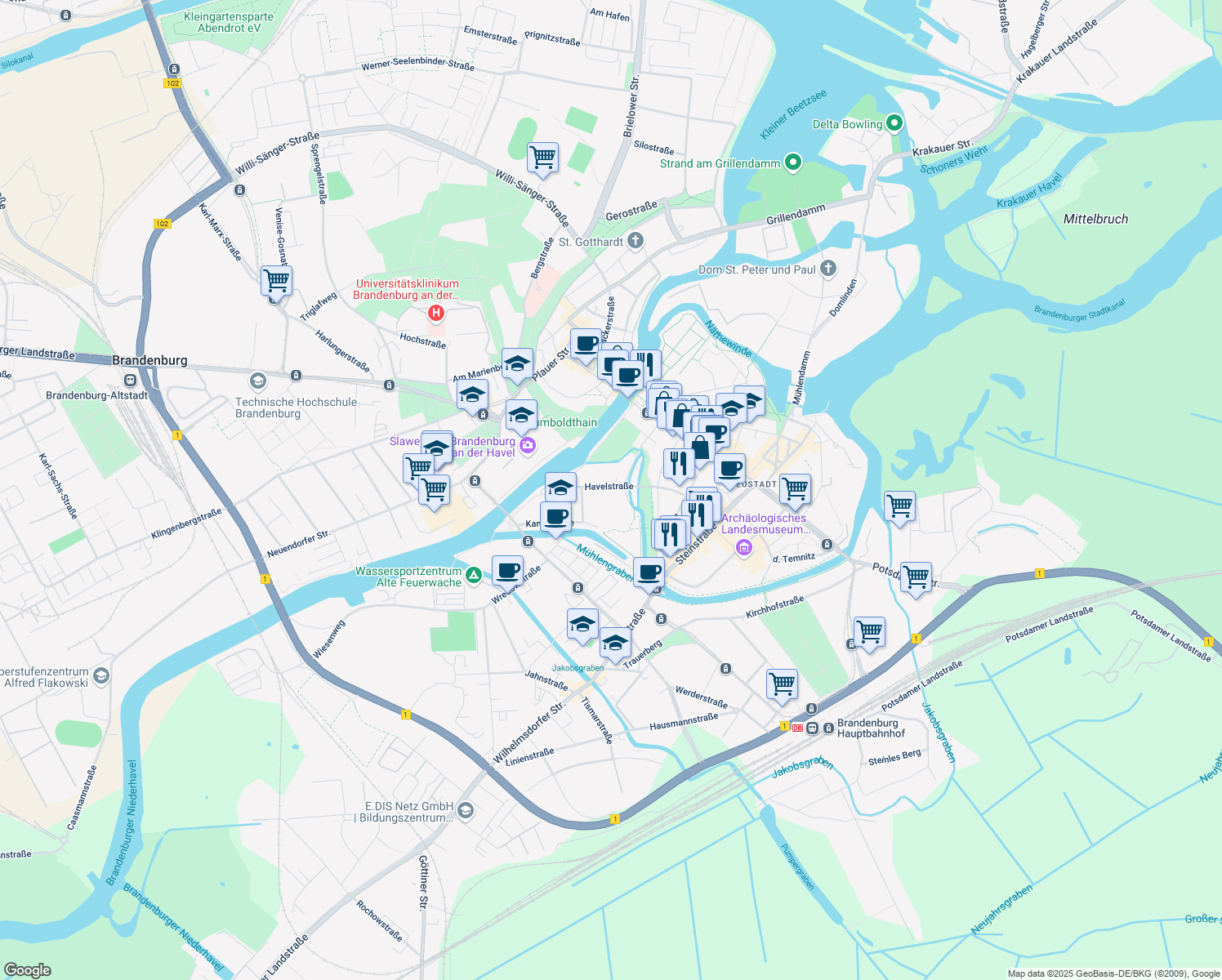 map of restaurants, bars, coffee shops, grocery stores, and more near 10 Havelstraße in Brandenburg an der Havel