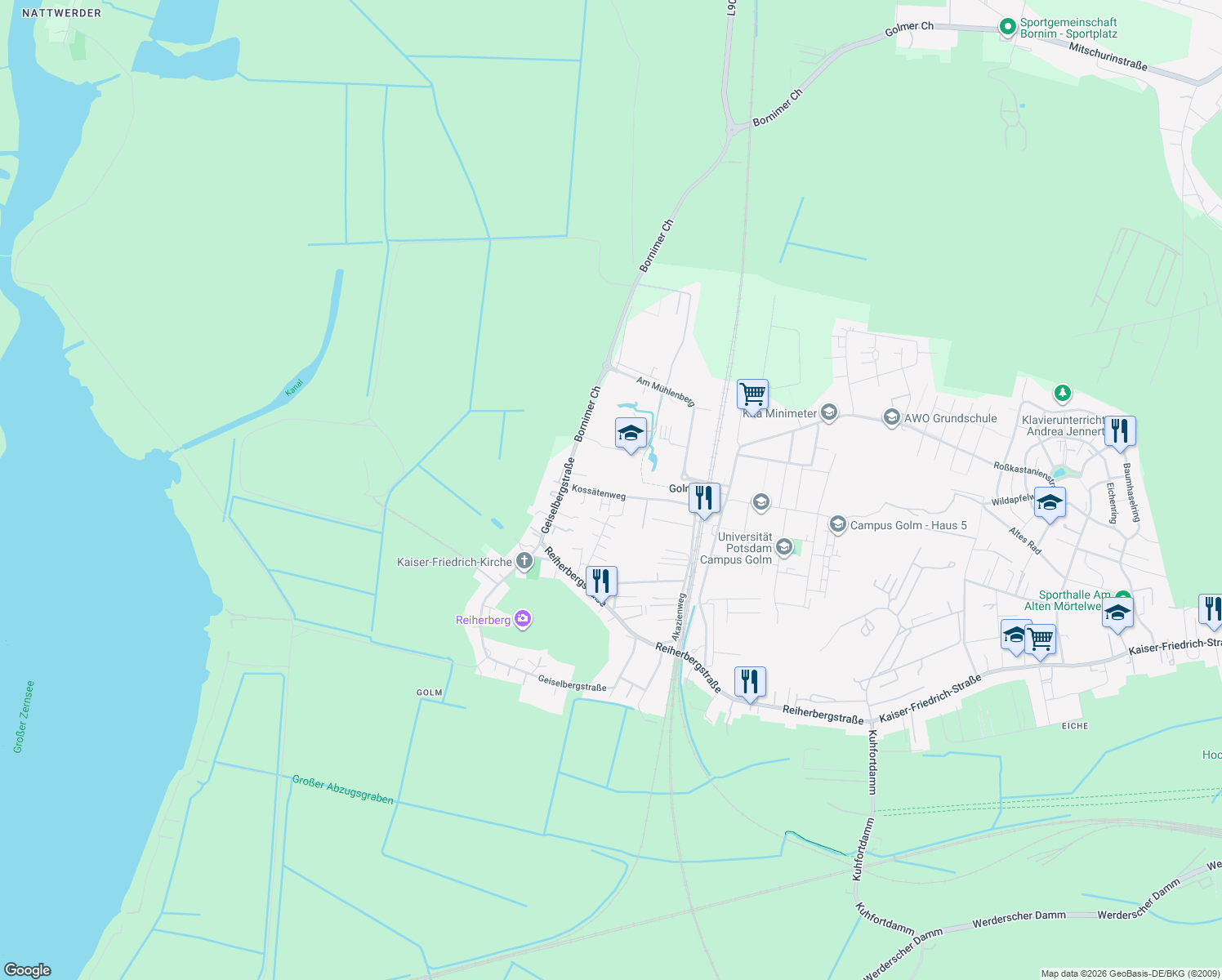 map of restaurants, bars, coffee shops, grocery stores, and more near 25 Kossätenweg in Potsdam