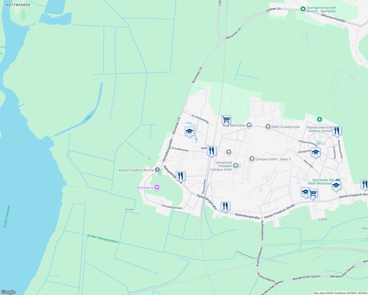 map of restaurants, bars, coffee shops, grocery stores, and more near 25 Kossätenweg in Potsdam